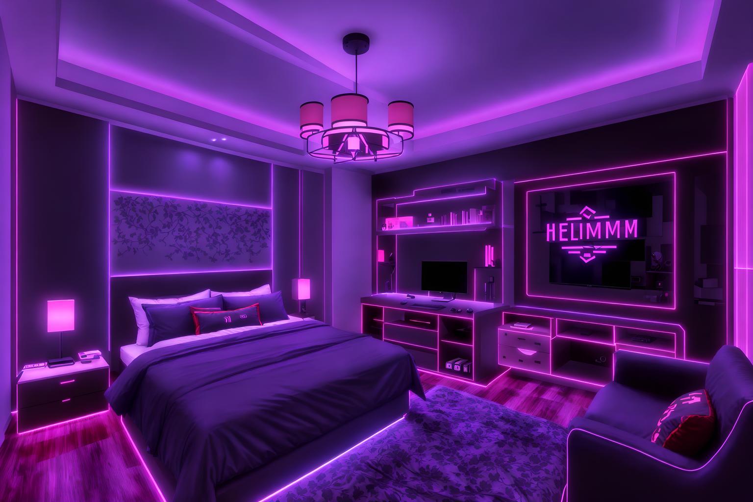 gaming room-style (hotel room interior) with hotel bathroom and bed and headboard and mirror and storage bench or ottoman and dresser closet and accent chair and plant. . with speakers and purple and red lights and multiple displays and purple, red and blue fade light and dark walls and computer desk with computer displays and keyboard and neon letters on wall and dark room. . cinematic photo, highly detailed, cinematic lighting, ultra-detailed, ultrarealistic, photorealism, 8k. gaming room interior design style. masterpiece, cinematic light, ultrarealistic+, photorealistic+, 8k, raw photo, realistic, sharp focus on eyes, (symmetrical eyes), (intact eyes), hyperrealistic, highest quality, best quality, , highly detailed, masterpiece, best quality, extremely detailed 8k wallpaper, masterpiece, best quality, ultra-detailed, best shadow, detailed background, detailed face, detailed eyes, high contrast, best illumination, detailed face, dulux, caustic, dynamic angle, detailed glow. dramatic lighting. highly detailed, insanely detailed hair, symmetrical, intricate details, professionally retouched, 8k high definition. strong bokeh. award winning photo.