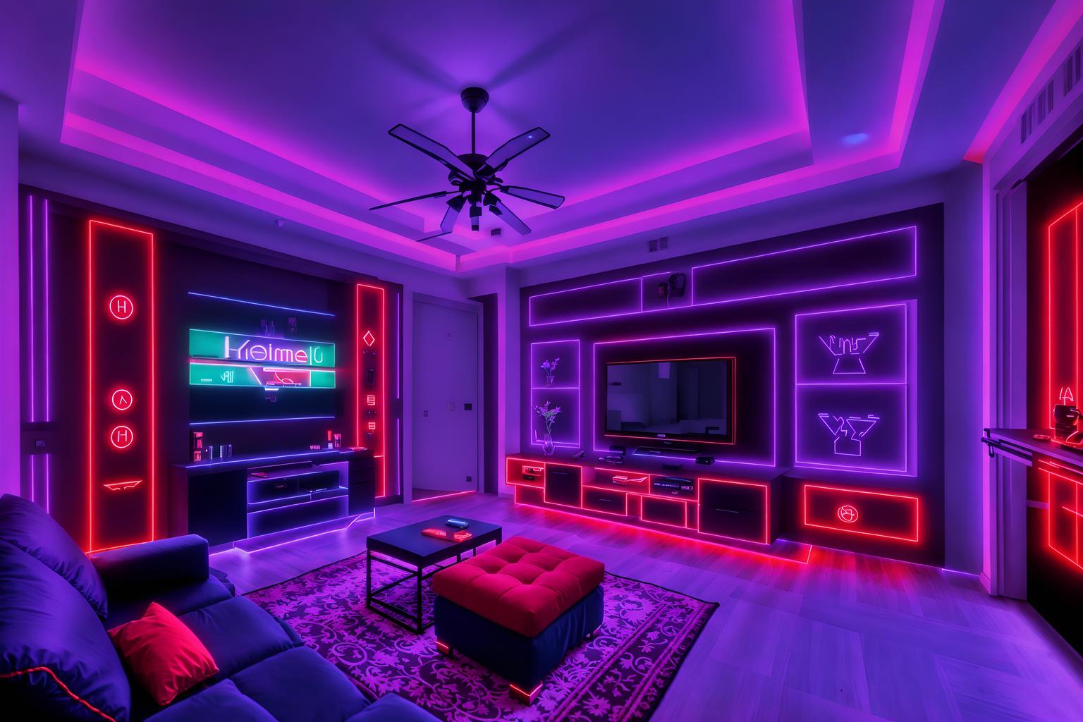 gaming room-style (hotel room interior) with hotel bathroom and bed and headboard and mirror and storage bench or ottoman and dresser closet and accent chair and plant. . with speakers and purple and red lights and multiple displays and purple, red and blue fade light and dark walls and computer desk with computer displays and keyboard and neon letters on wall and dark room. . cinematic photo, highly detailed, cinematic lighting, ultra-detailed, ultrarealistic, photorealism, 8k. gaming room interior design style. masterpiece, cinematic light, ultrarealistic+, photorealistic+, 8k, raw photo, realistic, sharp focus on eyes, (symmetrical eyes), (intact eyes), hyperrealistic, highest quality, best quality, , highly detailed, masterpiece, best quality, extremely detailed 8k wallpaper, masterpiece, best quality, ultra-detailed, best shadow, detailed background, detailed face, detailed eyes, high contrast, best illumination, detailed face, dulux, caustic, dynamic angle, detailed glow. dramatic lighting. highly detailed, insanely detailed hair, symmetrical, intricate details, professionally retouched, 8k high definition. strong bokeh. award winning photo.