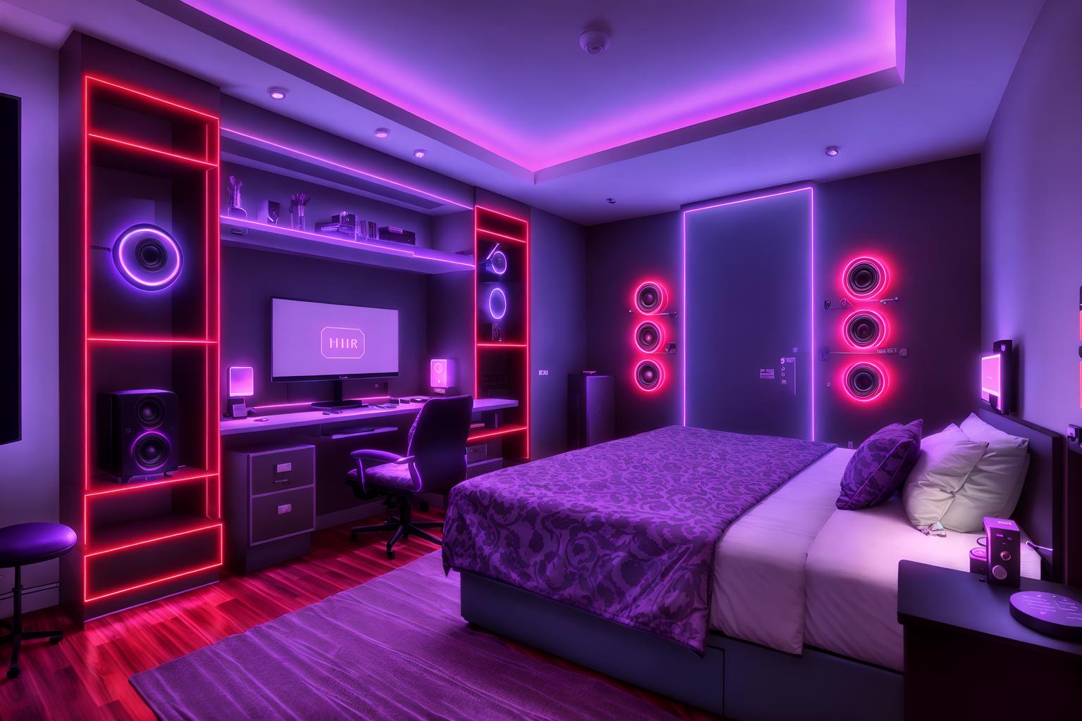 gaming room-style (hotel room interior) with hotel bathroom and bed and headboard and mirror and storage bench or ottoman and dresser closet and accent chair and plant. . with speakers and purple and red lights and multiple displays and purple, red and blue fade light and dark walls and computer desk with computer displays and keyboard and neon letters on wall and dark room. . cinematic photo, highly detailed, cinematic lighting, ultra-detailed, ultrarealistic, photorealism, 8k. gaming room interior design style. masterpiece, cinematic light, ultrarealistic+, photorealistic+, 8k, raw photo, realistic, sharp focus on eyes, (symmetrical eyes), (intact eyes), hyperrealistic, highest quality, best quality, , highly detailed, masterpiece, best quality, extremely detailed 8k wallpaper, masterpiece, best quality, ultra-detailed, best shadow, detailed background, detailed face, detailed eyes, high contrast, best illumination, detailed face, dulux, caustic, dynamic angle, detailed glow. dramatic lighting. highly detailed, insanely detailed hair, symmetrical, intricate details, professionally retouched, 8k high definition. strong bokeh. award winning photo.