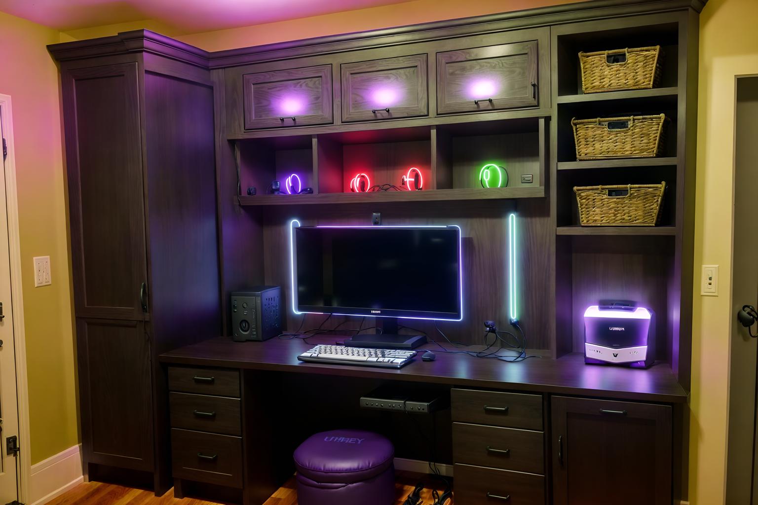 gaming room-style (mudroom interior) with a bench and storage baskets and storage drawers and shelves for shoes and cabinets and cubbies and wall hooks for coats and high up storage. . with multiple displays and gaming chair and dark room and purple and red lights and computer desk with computer displays and keyboard and neon lights and dark walls and purple, red and blue fade light. . cinematic photo, highly detailed, cinematic lighting, ultra-detailed, ultrarealistic, photorealism, 8k. gaming room interior design style. masterpiece, cinematic light, ultrarealistic+, photorealistic+, 8k, raw photo, realistic, sharp focus on eyes, (symmetrical eyes), (intact eyes), hyperrealistic, highest quality, best quality, , highly detailed, masterpiece, best quality, extremely detailed 8k wallpaper, masterpiece, best quality, ultra-detailed, best shadow, detailed background, detailed face, detailed eyes, high contrast, best illumination, detailed face, dulux, caustic, dynamic angle, detailed glow. dramatic lighting. highly detailed, insanely detailed hair, symmetrical, intricate details, professionally retouched, 8k high definition. strong bokeh. award winning photo.