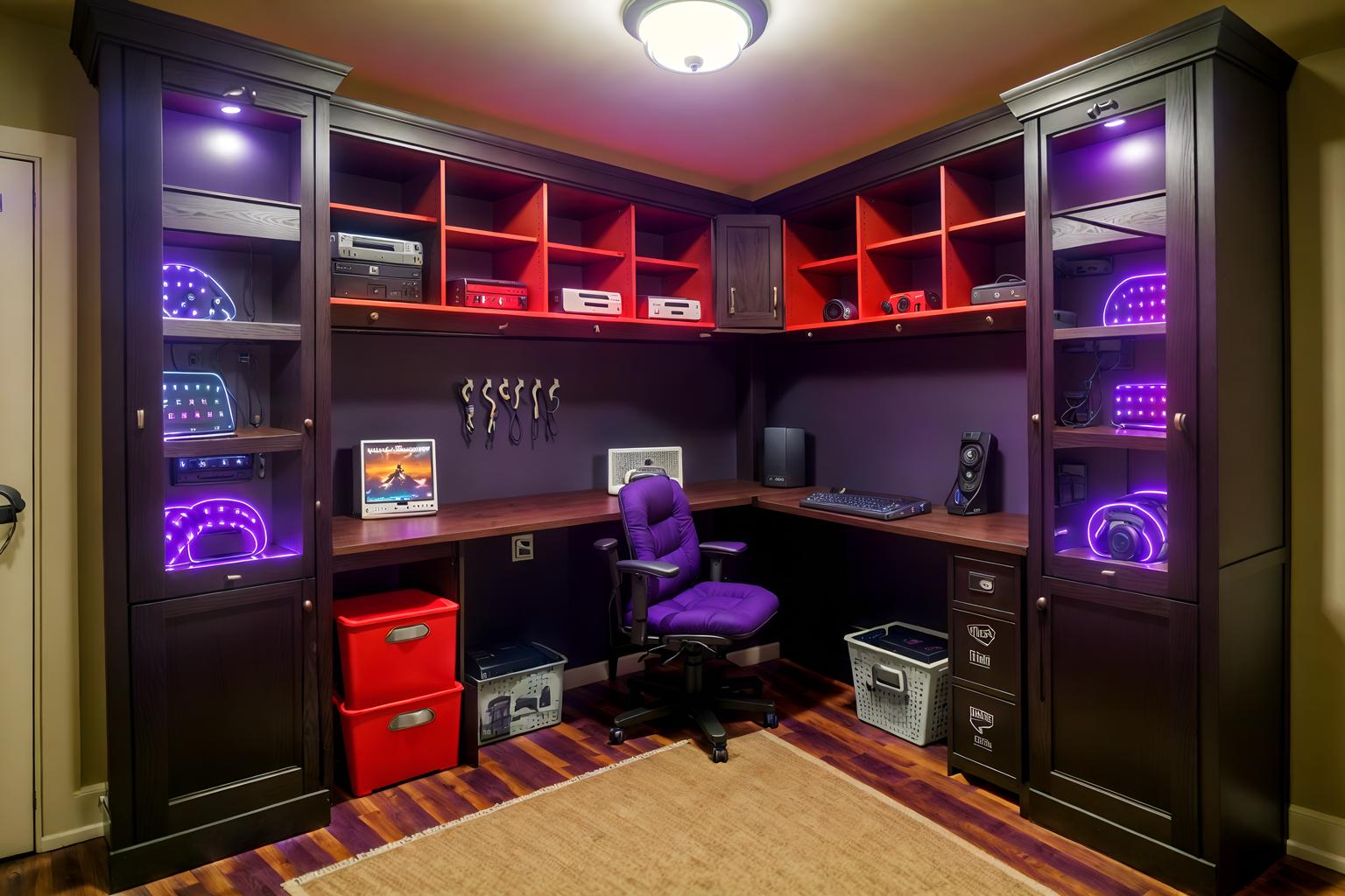 gaming room-style (mudroom interior) with a bench and storage baskets and storage drawers and shelves for shoes and cabinets and cubbies and wall hooks for coats and high up storage. . with multiple displays and gaming chair and dark room and purple and red lights and computer desk with computer displays and keyboard and neon lights and dark walls and purple, red and blue fade light. . cinematic photo, highly detailed, cinematic lighting, ultra-detailed, ultrarealistic, photorealism, 8k. gaming room interior design style. masterpiece, cinematic light, ultrarealistic+, photorealistic+, 8k, raw photo, realistic, sharp focus on eyes, (symmetrical eyes), (intact eyes), hyperrealistic, highest quality, best quality, , highly detailed, masterpiece, best quality, extremely detailed 8k wallpaper, masterpiece, best quality, ultra-detailed, best shadow, detailed background, detailed face, detailed eyes, high contrast, best illumination, detailed face, dulux, caustic, dynamic angle, detailed glow. dramatic lighting. highly detailed, insanely detailed hair, symmetrical, intricate details, professionally retouched, 8k high definition. strong bokeh. award winning photo.