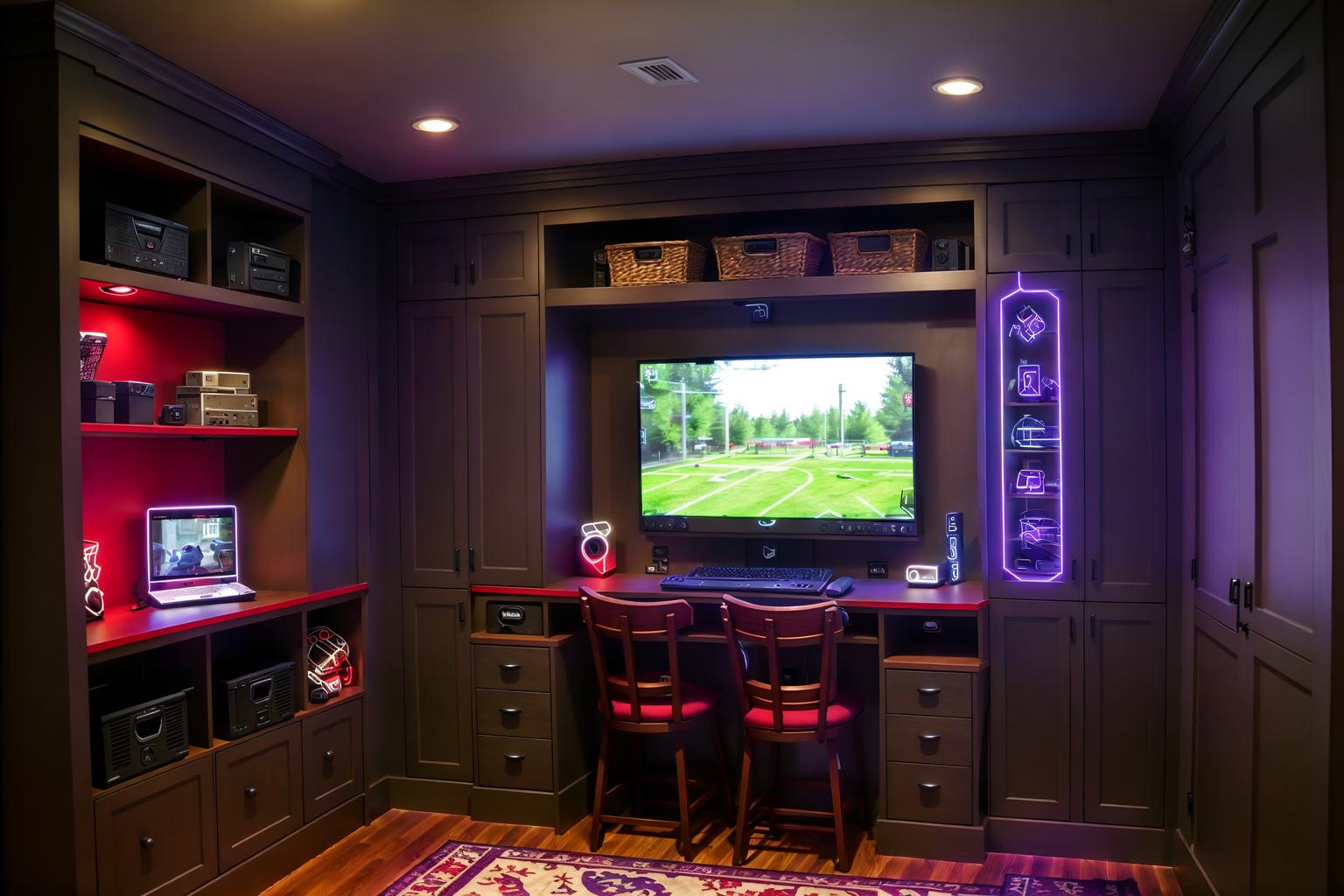 gaming room-style (mudroom interior) with a bench and storage baskets and storage drawers and shelves for shoes and cabinets and cubbies and wall hooks for coats and high up storage. . with multiple displays and gaming chair and dark room and purple and red lights and computer desk with computer displays and keyboard and neon lights and dark walls and purple, red and blue fade light. . cinematic photo, highly detailed, cinematic lighting, ultra-detailed, ultrarealistic, photorealism, 8k. gaming room interior design style. masterpiece, cinematic light, ultrarealistic+, photorealistic+, 8k, raw photo, realistic, sharp focus on eyes, (symmetrical eyes), (intact eyes), hyperrealistic, highest quality, best quality, , highly detailed, masterpiece, best quality, extremely detailed 8k wallpaper, masterpiece, best quality, ultra-detailed, best shadow, detailed background, detailed face, detailed eyes, high contrast, best illumination, detailed face, dulux, caustic, dynamic angle, detailed glow. dramatic lighting. highly detailed, insanely detailed hair, symmetrical, intricate details, professionally retouched, 8k high definition. strong bokeh. award winning photo.