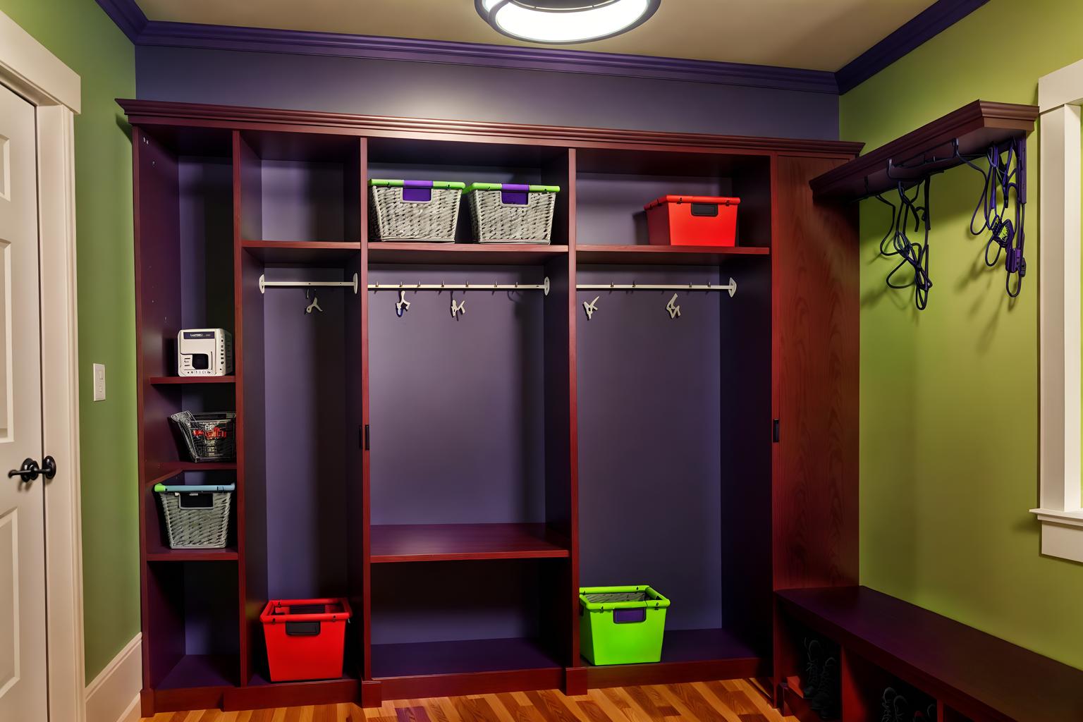 gaming room-style (mudroom interior) with a bench and storage baskets and storage drawers and shelves for shoes and cabinets and cubbies and wall hooks for coats and high up storage. . with multiple displays and gaming chair and dark room and purple and red lights and computer desk with computer displays and keyboard and neon lights and dark walls and purple, red and blue fade light. . cinematic photo, highly detailed, cinematic lighting, ultra-detailed, ultrarealistic, photorealism, 8k. gaming room interior design style. masterpiece, cinematic light, ultrarealistic+, photorealistic+, 8k, raw photo, realistic, sharp focus on eyes, (symmetrical eyes), (intact eyes), hyperrealistic, highest quality, best quality, , highly detailed, masterpiece, best quality, extremely detailed 8k wallpaper, masterpiece, best quality, ultra-detailed, best shadow, detailed background, detailed face, detailed eyes, high contrast, best illumination, detailed face, dulux, caustic, dynamic angle, detailed glow. dramatic lighting. highly detailed, insanely detailed hair, symmetrical, intricate details, professionally retouched, 8k high definition. strong bokeh. award winning photo.