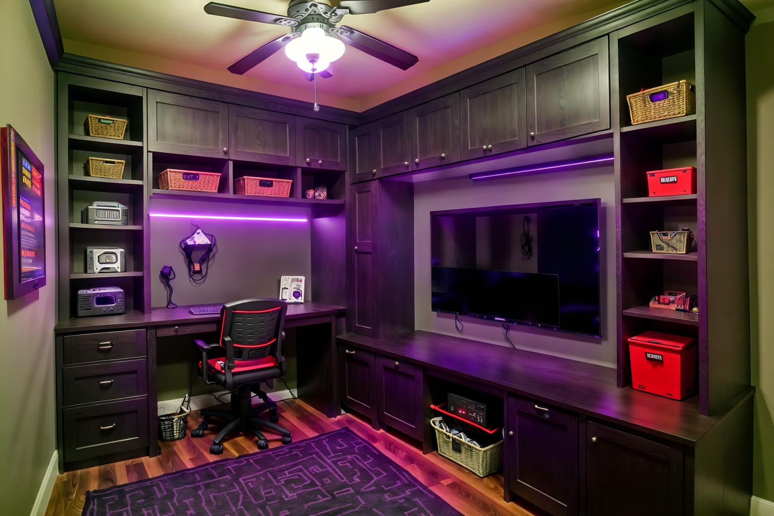 gaming room-style (mudroom interior) with a bench and storage baskets and storage drawers and shelves for shoes and cabinets and cubbies and wall hooks for coats and high up storage. . with multiple displays and gaming chair and dark room and purple and red lights and computer desk with computer displays and keyboard and neon lights and dark walls and purple, red and blue fade light. . cinematic photo, highly detailed, cinematic lighting, ultra-detailed, ultrarealistic, photorealism, 8k. gaming room interior design style. masterpiece, cinematic light, ultrarealistic+, photorealistic+, 8k, raw photo, realistic, sharp focus on eyes, (symmetrical eyes), (intact eyes), hyperrealistic, highest quality, best quality, , highly detailed, masterpiece, best quality, extremely detailed 8k wallpaper, masterpiece, best quality, ultra-detailed, best shadow, detailed background, detailed face, detailed eyes, high contrast, best illumination, detailed face, dulux, caustic, dynamic angle, detailed glow. dramatic lighting. highly detailed, insanely detailed hair, symmetrical, intricate details, professionally retouched, 8k high definition. strong bokeh. award winning photo.