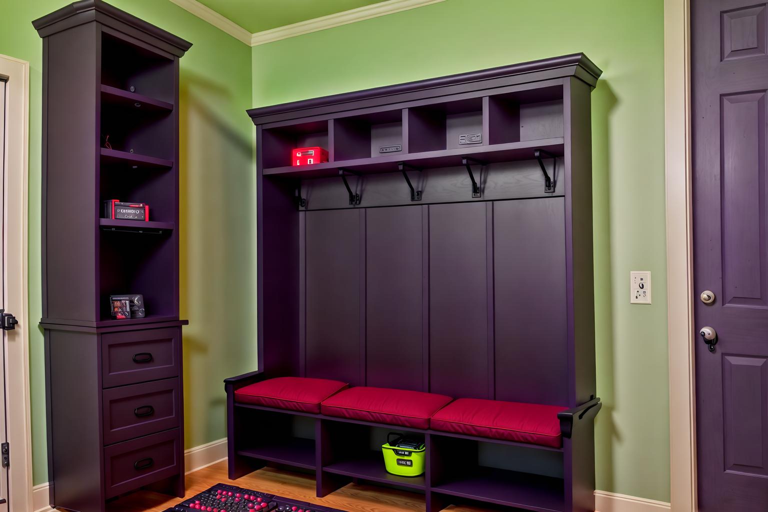 gaming room-style (mudroom interior) with a bench and storage baskets and storage drawers and shelves for shoes and cabinets and cubbies and wall hooks for coats and high up storage. . with multiple displays and gaming chair and dark room and purple and red lights and computer desk with computer displays and keyboard and neon lights and dark walls and purple, red and blue fade light. . cinematic photo, highly detailed, cinematic lighting, ultra-detailed, ultrarealistic, photorealism, 8k. gaming room interior design style. masterpiece, cinematic light, ultrarealistic+, photorealistic+, 8k, raw photo, realistic, sharp focus on eyes, (symmetrical eyes), (intact eyes), hyperrealistic, highest quality, best quality, , highly detailed, masterpiece, best quality, extremely detailed 8k wallpaper, masterpiece, best quality, ultra-detailed, best shadow, detailed background, detailed face, detailed eyes, high contrast, best illumination, detailed face, dulux, caustic, dynamic angle, detailed glow. dramatic lighting. highly detailed, insanely detailed hair, symmetrical, intricate details, professionally retouched, 8k high definition. strong bokeh. award winning photo.