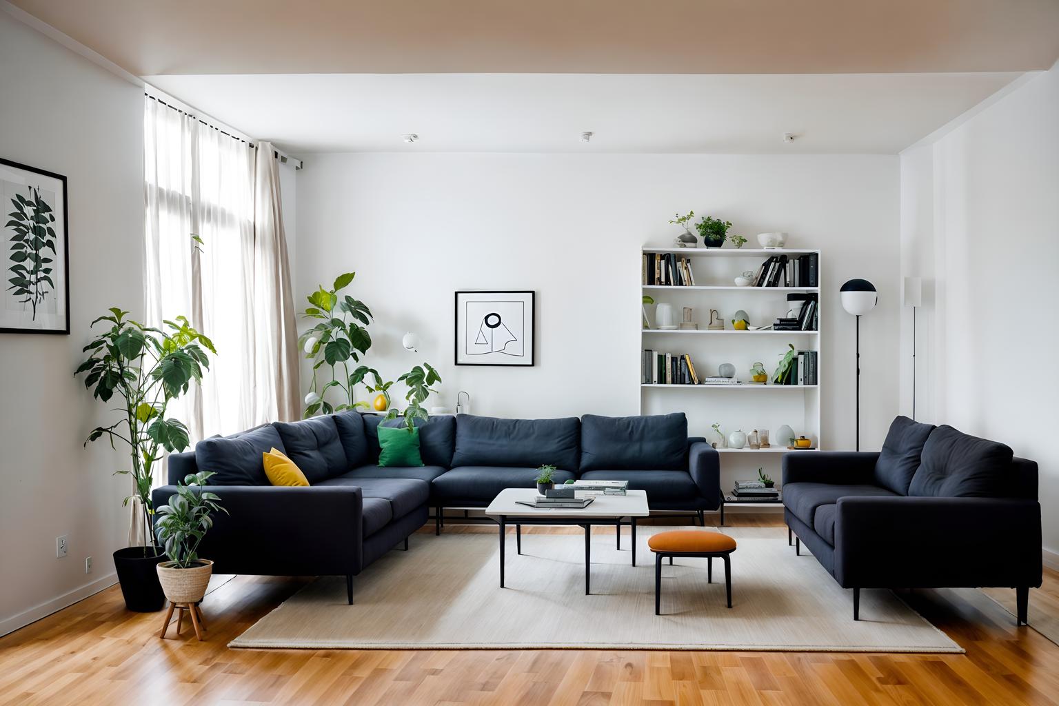 minimalist-style (living room interior) with chairs and furniture and occasional tables and sofa and televisions and plant and rug and bookshelves. . with lots of light and focus on the shape, colour and texture of just a few of essential elements and an open floor plan and clean lines and functional furniture and a monochromatic palette with colour used as an accent and lots of light. . cinematic photo, highly detailed, cinematic lighting, ultra-detailed, ultrarealistic, photorealism, 8k. minimalist interior design style. masterpiece, cinematic light, ultrarealistic+, photorealistic+, 8k, raw photo, realistic, sharp focus on eyes, (symmetrical eyes), (intact eyes), hyperrealistic, highest quality, best quality, , highly detailed, masterpiece, best quality, extremely detailed 8k wallpaper, masterpiece, best quality, ultra-detailed, best shadow, detailed background, detailed face, detailed eyes, high contrast, best illumination, detailed face, dulux, caustic, dynamic angle, detailed glow. dramatic lighting. highly detailed, insanely detailed hair, symmetrical, intricate details, professionally retouched, 8k high definition. strong bokeh. award winning photo.