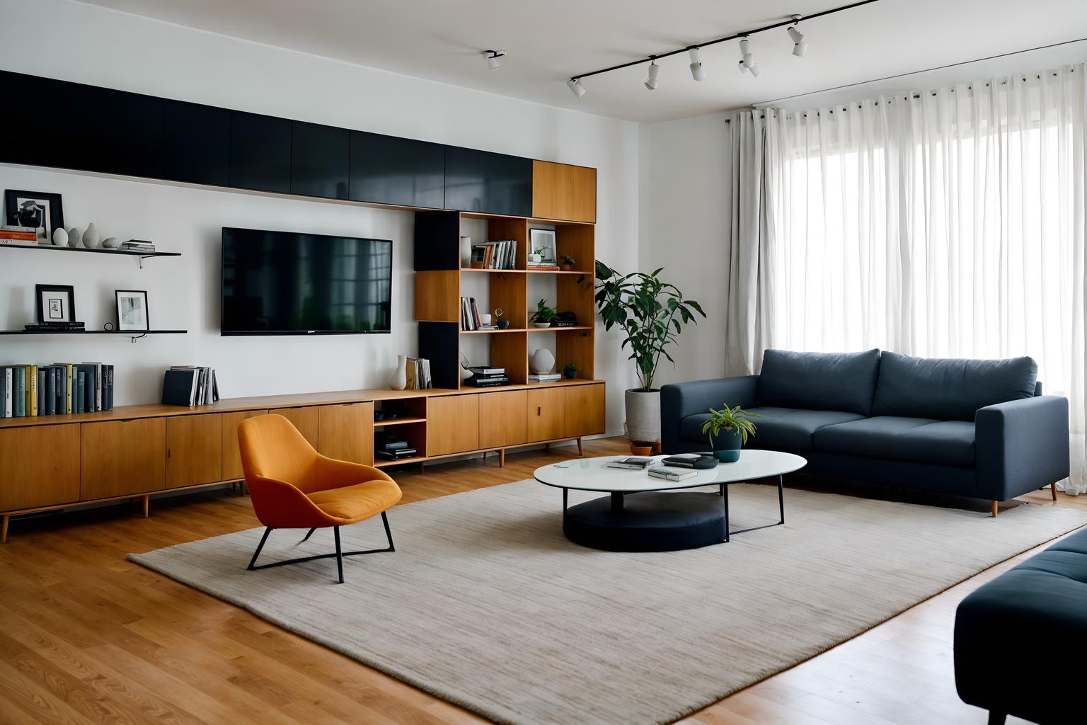 minimalist-style (living room interior) with chairs and furniture and occasional tables and sofa and televisions and plant and rug and bookshelves. . with lots of light and focus on the shape, colour and texture of just a few of essential elements and an open floor plan and clean lines and functional furniture and a monochromatic palette with colour used as an accent and lots of light. . cinematic photo, highly detailed, cinematic lighting, ultra-detailed, ultrarealistic, photorealism, 8k. minimalist interior design style. masterpiece, cinematic light, ultrarealistic+, photorealistic+, 8k, raw photo, realistic, sharp focus on eyes, (symmetrical eyes), (intact eyes), hyperrealistic, highest quality, best quality, , highly detailed, masterpiece, best quality, extremely detailed 8k wallpaper, masterpiece, best quality, ultra-detailed, best shadow, detailed background, detailed face, detailed eyes, high contrast, best illumination, detailed face, dulux, caustic, dynamic angle, detailed glow. dramatic lighting. highly detailed, insanely detailed hair, symmetrical, intricate details, professionally retouched, 8k high definition. strong bokeh. award winning photo.