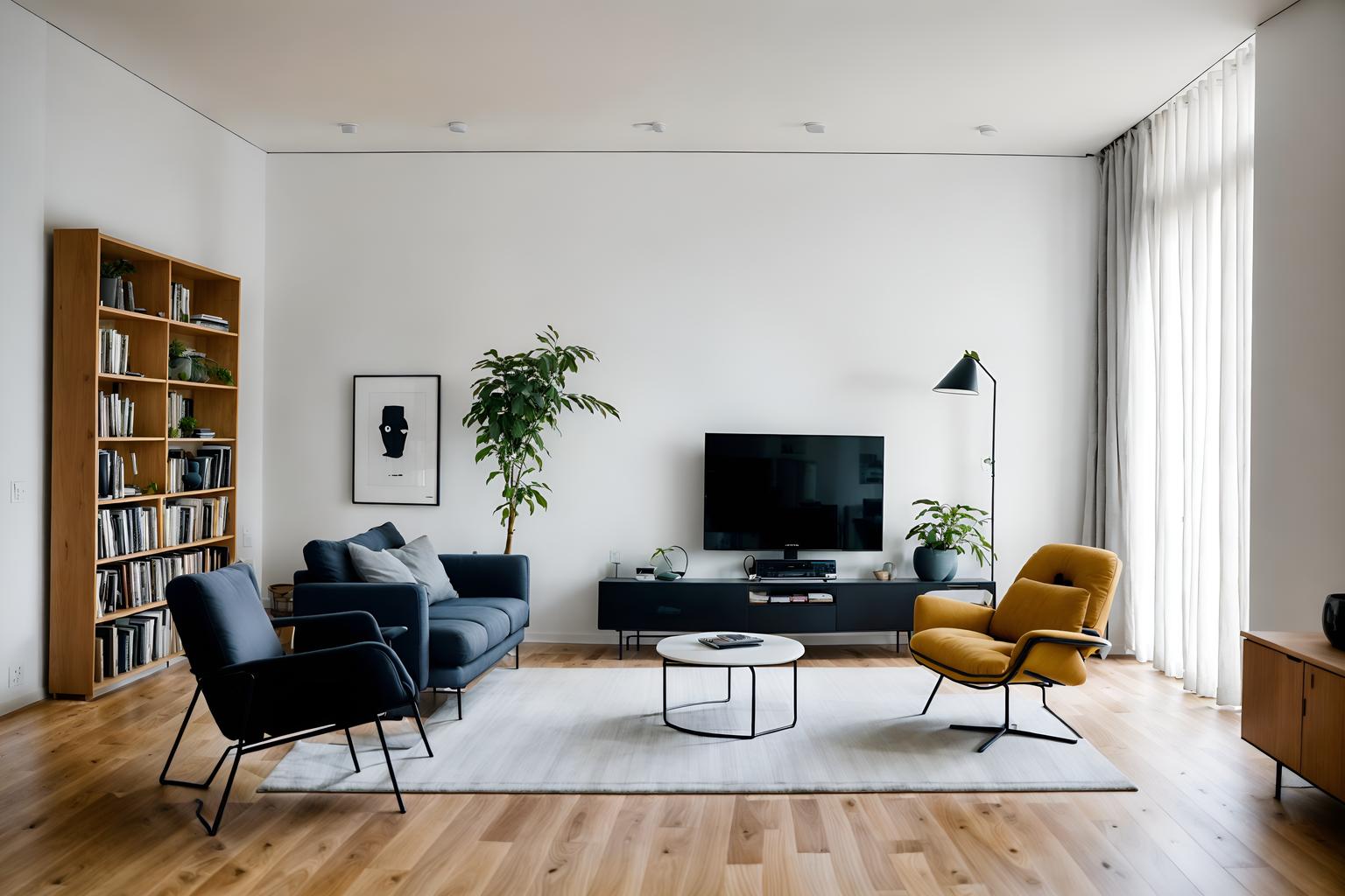 minimalist-style (living room interior) with chairs and furniture and occasional tables and sofa and televisions and plant and rug and bookshelves. . with lots of light and focus on the shape, colour and texture of just a few of essential elements and an open floor plan and clean lines and functional furniture and a monochromatic palette with colour used as an accent and lots of light. . cinematic photo, highly detailed, cinematic lighting, ultra-detailed, ultrarealistic, photorealism, 8k. minimalist interior design style. masterpiece, cinematic light, ultrarealistic+, photorealistic+, 8k, raw photo, realistic, sharp focus on eyes, (symmetrical eyes), (intact eyes), hyperrealistic, highest quality, best quality, , highly detailed, masterpiece, best quality, extremely detailed 8k wallpaper, masterpiece, best quality, ultra-detailed, best shadow, detailed background, detailed face, detailed eyes, high contrast, best illumination, detailed face, dulux, caustic, dynamic angle, detailed glow. dramatic lighting. highly detailed, insanely detailed hair, symmetrical, intricate details, professionally retouched, 8k high definition. strong bokeh. award winning photo.