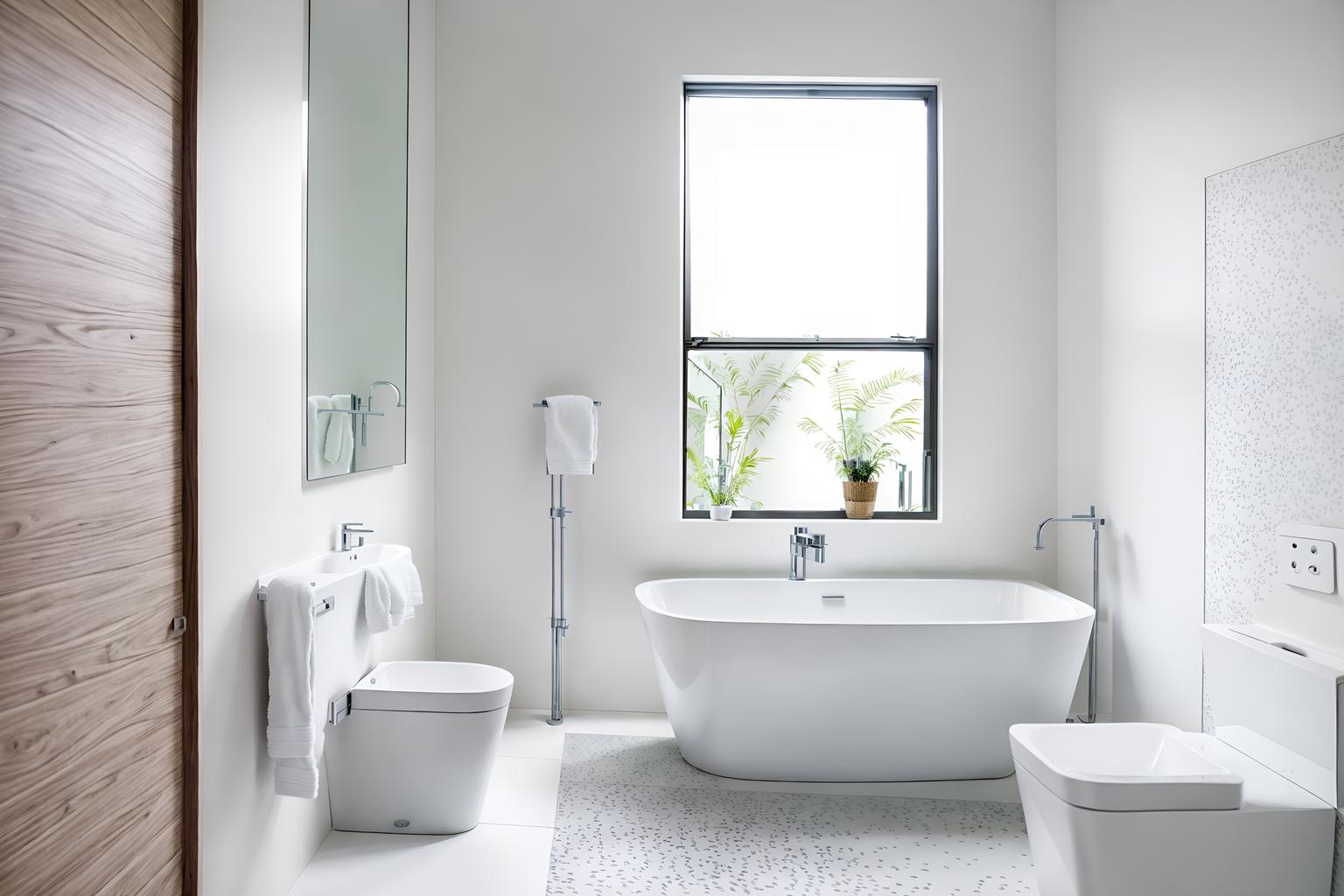 minimalist-style (bathroom interior) with waste basket and bathroom sink with faucet and bath rail and mirror and shower and toilet seat and bathtub and bathroom cabinet. . with an open floor plan and functional furniture and focus on the shape, colour and texture of just a few of essential elements and a monochromatic palette with colour used as an accent and lots of light and clean lines and an open floor plan. . cinematic photo, highly detailed, cinematic lighting, ultra-detailed, ultrarealistic, photorealism, 8k. minimalist interior design style. masterpiece, cinematic light, ultrarealistic+, photorealistic+, 8k, raw photo, realistic, sharp focus on eyes, (symmetrical eyes), (intact eyes), hyperrealistic, highest quality, best quality, , highly detailed, masterpiece, best quality, extremely detailed 8k wallpaper, masterpiece, best quality, ultra-detailed, best shadow, detailed background, detailed face, detailed eyes, high contrast, best illumination, detailed face, dulux, caustic, dynamic angle, detailed glow. dramatic lighting. highly detailed, insanely detailed hair, symmetrical, intricate details, professionally retouched, 8k high definition. strong bokeh. award winning photo.