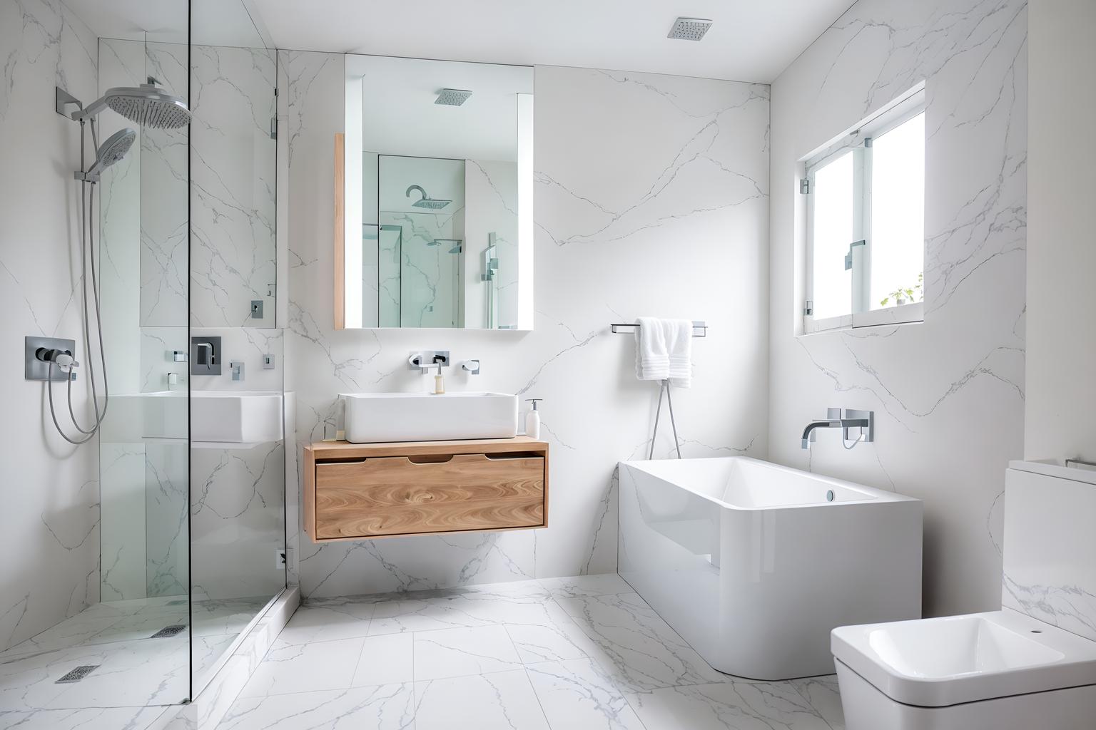 minimalist-style (bathroom interior) with waste basket and bathroom sink with faucet and bath rail and mirror and shower and toilet seat and bathtub and bathroom cabinet. . with an open floor plan and functional furniture and focus on the shape, colour and texture of just a few of essential elements and a monochromatic palette with colour used as an accent and lots of light and clean lines and an open floor plan. . cinematic photo, highly detailed, cinematic lighting, ultra-detailed, ultrarealistic, photorealism, 8k. minimalist interior design style. masterpiece, cinematic light, ultrarealistic+, photorealistic+, 8k, raw photo, realistic, sharp focus on eyes, (symmetrical eyes), (intact eyes), hyperrealistic, highest quality, best quality, , highly detailed, masterpiece, best quality, extremely detailed 8k wallpaper, masterpiece, best quality, ultra-detailed, best shadow, detailed background, detailed face, detailed eyes, high contrast, best illumination, detailed face, dulux, caustic, dynamic angle, detailed glow. dramatic lighting. highly detailed, insanely detailed hair, symmetrical, intricate details, professionally retouched, 8k high definition. strong bokeh. award winning photo.