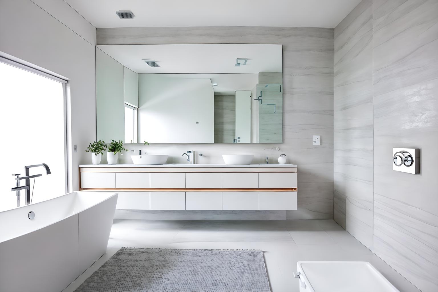 minimalist-style (bathroom interior) with waste basket and bathroom sink with faucet and bath rail and mirror and shower and toilet seat and bathtub and bathroom cabinet. . with an open floor plan and functional furniture and focus on the shape, colour and texture of just a few of essential elements and a monochromatic palette with colour used as an accent and lots of light and clean lines and an open floor plan. . cinematic photo, highly detailed, cinematic lighting, ultra-detailed, ultrarealistic, photorealism, 8k. minimalist interior design style. masterpiece, cinematic light, ultrarealistic+, photorealistic+, 8k, raw photo, realistic, sharp focus on eyes, (symmetrical eyes), (intact eyes), hyperrealistic, highest quality, best quality, , highly detailed, masterpiece, best quality, extremely detailed 8k wallpaper, masterpiece, best quality, ultra-detailed, best shadow, detailed background, detailed face, detailed eyes, high contrast, best illumination, detailed face, dulux, caustic, dynamic angle, detailed glow. dramatic lighting. highly detailed, insanely detailed hair, symmetrical, intricate details, professionally retouched, 8k high definition. strong bokeh. award winning photo.