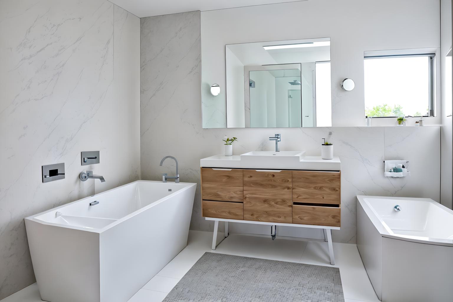 minimalist-style (bathroom interior) with waste basket and bathroom sink with faucet and bath rail and mirror and shower and toilet seat and bathtub and bathroom cabinet. . with an open floor plan and functional furniture and focus on the shape, colour and texture of just a few of essential elements and a monochromatic palette with colour used as an accent and lots of light and clean lines and an open floor plan. . cinematic photo, highly detailed, cinematic lighting, ultra-detailed, ultrarealistic, photorealism, 8k. minimalist interior design style. masterpiece, cinematic light, ultrarealistic+, photorealistic+, 8k, raw photo, realistic, sharp focus on eyes, (symmetrical eyes), (intact eyes), hyperrealistic, highest quality, best quality, , highly detailed, masterpiece, best quality, extremely detailed 8k wallpaper, masterpiece, best quality, ultra-detailed, best shadow, detailed background, detailed face, detailed eyes, high contrast, best illumination, detailed face, dulux, caustic, dynamic angle, detailed glow. dramatic lighting. highly detailed, insanely detailed hair, symmetrical, intricate details, professionally retouched, 8k high definition. strong bokeh. award winning photo.