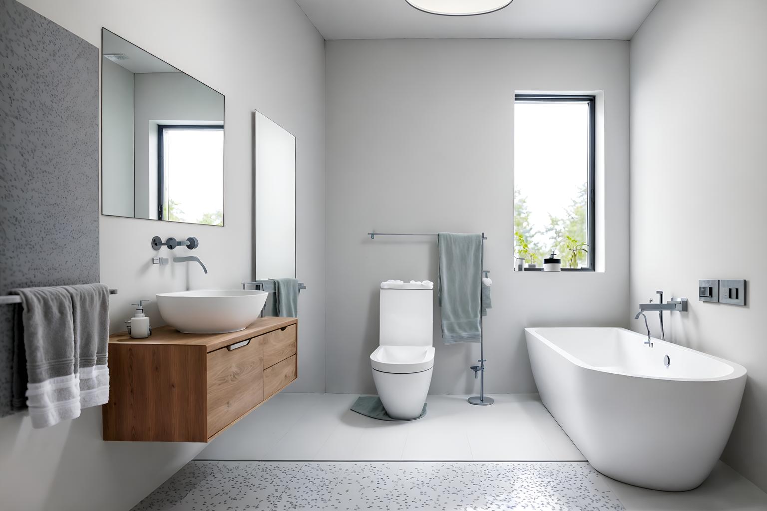 minimalist-style (bathroom interior) with waste basket and bathroom sink with faucet and bath rail and mirror and shower and toilet seat and bathtub and bathroom cabinet. . with an open floor plan and functional furniture and focus on the shape, colour and texture of just a few of essential elements and a monochromatic palette with colour used as an accent and lots of light and clean lines and an open floor plan. . cinematic photo, highly detailed, cinematic lighting, ultra-detailed, ultrarealistic, photorealism, 8k. minimalist interior design style. masterpiece, cinematic light, ultrarealistic+, photorealistic+, 8k, raw photo, realistic, sharp focus on eyes, (symmetrical eyes), (intact eyes), hyperrealistic, highest quality, best quality, , highly detailed, masterpiece, best quality, extremely detailed 8k wallpaper, masterpiece, best quality, ultra-detailed, best shadow, detailed background, detailed face, detailed eyes, high contrast, best illumination, detailed face, dulux, caustic, dynamic angle, detailed glow. dramatic lighting. highly detailed, insanely detailed hair, symmetrical, intricate details, professionally retouched, 8k high definition. strong bokeh. award winning photo.