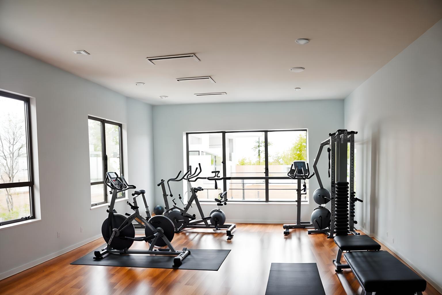 minimalist-style (fitness gym interior) with exercise bicycle and bench press and squat rack and dumbbell stand and crosstrainer and exercise bicycle. . with an open floor plan and functional furniture and focus on the shape, colour and texture of just a few of essential elements and lots of light and a monochromatic palette with colour used as an accent and clean lines and an open floor plan. . cinematic photo, highly detailed, cinematic lighting, ultra-detailed, ultrarealistic, photorealism, 8k. minimalist interior design style. masterpiece, cinematic light, ultrarealistic+, photorealistic+, 8k, raw photo, realistic, sharp focus on eyes, (symmetrical eyes), (intact eyes), hyperrealistic, highest quality, best quality, , highly detailed, masterpiece, best quality, extremely detailed 8k wallpaper, masterpiece, best quality, ultra-detailed, best shadow, detailed background, detailed face, detailed eyes, high contrast, best illumination, detailed face, dulux, caustic, dynamic angle, detailed glow. dramatic lighting. highly detailed, insanely detailed hair, symmetrical, intricate details, professionally retouched, 8k high definition. strong bokeh. award winning photo.