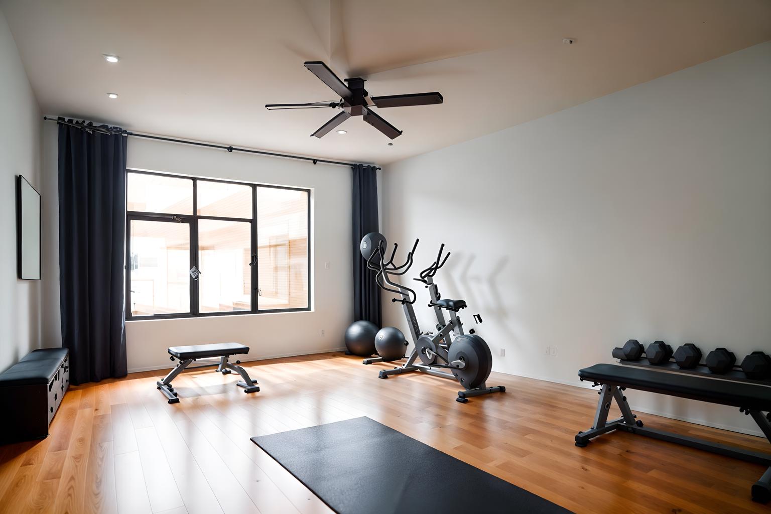 minimalist-style (fitness gym interior) with exercise bicycle and bench press and squat rack and dumbbell stand and crosstrainer and exercise bicycle. . with an open floor plan and functional furniture and focus on the shape, colour and texture of just a few of essential elements and lots of light and a monochromatic palette with colour used as an accent and clean lines and an open floor plan. . cinematic photo, highly detailed, cinematic lighting, ultra-detailed, ultrarealistic, photorealism, 8k. minimalist interior design style. masterpiece, cinematic light, ultrarealistic+, photorealistic+, 8k, raw photo, realistic, sharp focus on eyes, (symmetrical eyes), (intact eyes), hyperrealistic, highest quality, best quality, , highly detailed, masterpiece, best quality, extremely detailed 8k wallpaper, masterpiece, best quality, ultra-detailed, best shadow, detailed background, detailed face, detailed eyes, high contrast, best illumination, detailed face, dulux, caustic, dynamic angle, detailed glow. dramatic lighting. highly detailed, insanely detailed hair, symmetrical, intricate details, professionally retouched, 8k high definition. strong bokeh. award winning photo.