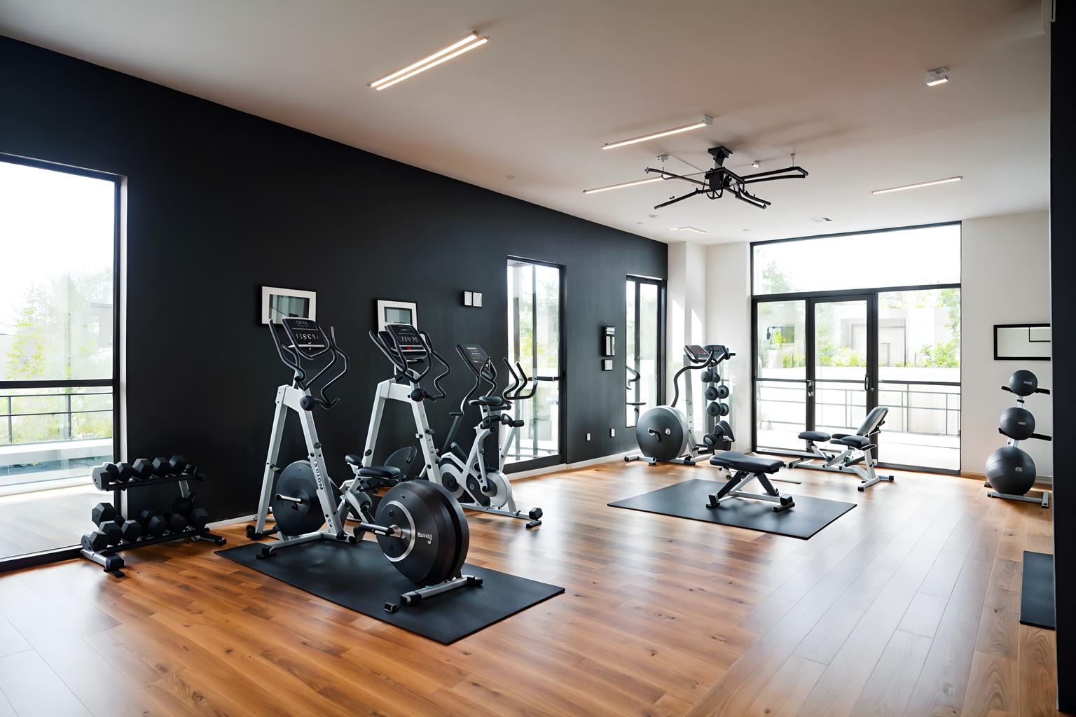 minimalist-style (fitness gym interior) with exercise bicycle and bench press and squat rack and dumbbell stand and crosstrainer and exercise bicycle. . with an open floor plan and functional furniture and focus on the shape, colour and texture of just a few of essential elements and lots of light and a monochromatic palette with colour used as an accent and clean lines and an open floor plan. . cinematic photo, highly detailed, cinematic lighting, ultra-detailed, ultrarealistic, photorealism, 8k. minimalist interior design style. masterpiece, cinematic light, ultrarealistic+, photorealistic+, 8k, raw photo, realistic, sharp focus on eyes, (symmetrical eyes), (intact eyes), hyperrealistic, highest quality, best quality, , highly detailed, masterpiece, best quality, extremely detailed 8k wallpaper, masterpiece, best quality, ultra-detailed, best shadow, detailed background, detailed face, detailed eyes, high contrast, best illumination, detailed face, dulux, caustic, dynamic angle, detailed glow. dramatic lighting. highly detailed, insanely detailed hair, symmetrical, intricate details, professionally retouched, 8k high definition. strong bokeh. award winning photo.