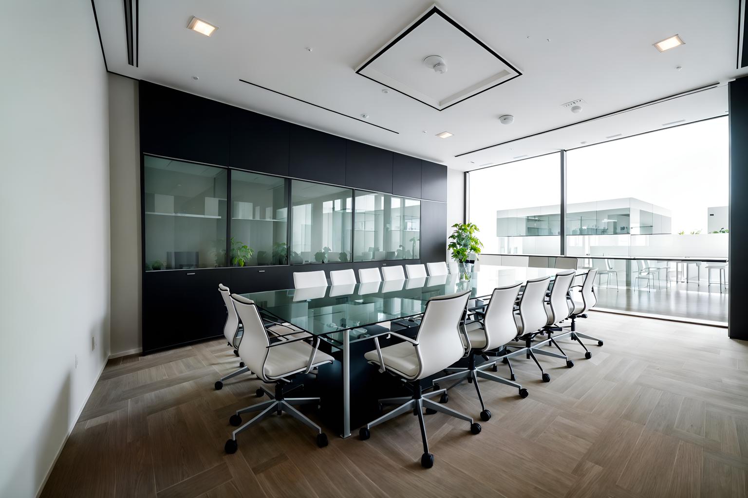 minimalist-style (meeting room interior) with vase and glass walls and plant and glass doors and cabinets and office chairs and painting or photo on wall and boardroom table. . with a monochromatic palette with colour used as an accent and an open floor plan and lots of light and functional furniture and clean lines and focus on the shape, colour and texture of just a few of essential elements and a monochromatic palette with colour used as an accent. . cinematic photo, highly detailed, cinematic lighting, ultra-detailed, ultrarealistic, photorealism, 8k. minimalist interior design style. masterpiece, cinematic light, ultrarealistic+, photorealistic+, 8k, raw photo, realistic, sharp focus on eyes, (symmetrical eyes), (intact eyes), hyperrealistic, highest quality, best quality, , highly detailed, masterpiece, best quality, extremely detailed 8k wallpaper, masterpiece, best quality, ultra-detailed, best shadow, detailed background, detailed face, detailed eyes, high contrast, best illumination, detailed face, dulux, caustic, dynamic angle, detailed glow. dramatic lighting. highly detailed, insanely detailed hair, symmetrical, intricate details, professionally retouched, 8k high definition. strong bokeh. award winning photo.