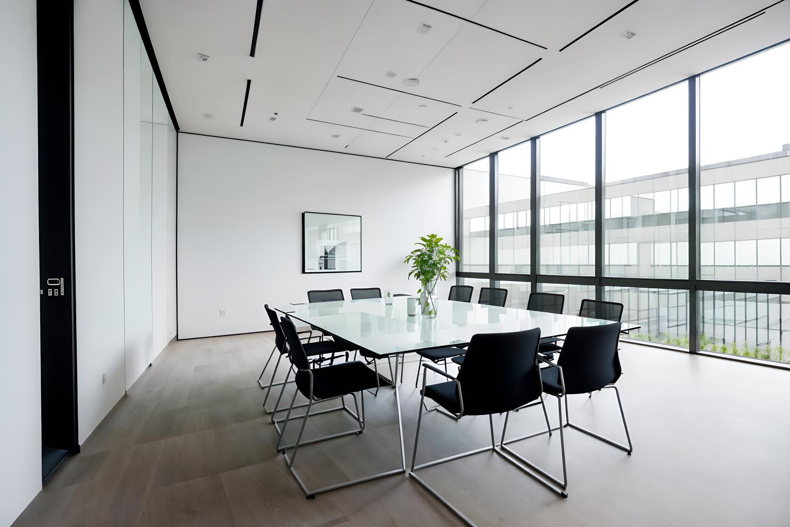 minimalist-style (meeting room interior) with vase and glass walls and plant and glass doors and cabinets and office chairs and painting or photo on wall and boardroom table. . with a monochromatic palette with colour used as an accent and an open floor plan and lots of light and functional furniture and clean lines and focus on the shape, colour and texture of just a few of essential elements and a monochromatic palette with colour used as an accent. . cinematic photo, highly detailed, cinematic lighting, ultra-detailed, ultrarealistic, photorealism, 8k. minimalist interior design style. masterpiece, cinematic light, ultrarealistic+, photorealistic+, 8k, raw photo, realistic, sharp focus on eyes, (symmetrical eyes), (intact eyes), hyperrealistic, highest quality, best quality, , highly detailed, masterpiece, best quality, extremely detailed 8k wallpaper, masterpiece, best quality, ultra-detailed, best shadow, detailed background, detailed face, detailed eyes, high contrast, best illumination, detailed face, dulux, caustic, dynamic angle, detailed glow. dramatic lighting. highly detailed, insanely detailed hair, symmetrical, intricate details, professionally retouched, 8k high definition. strong bokeh. award winning photo.