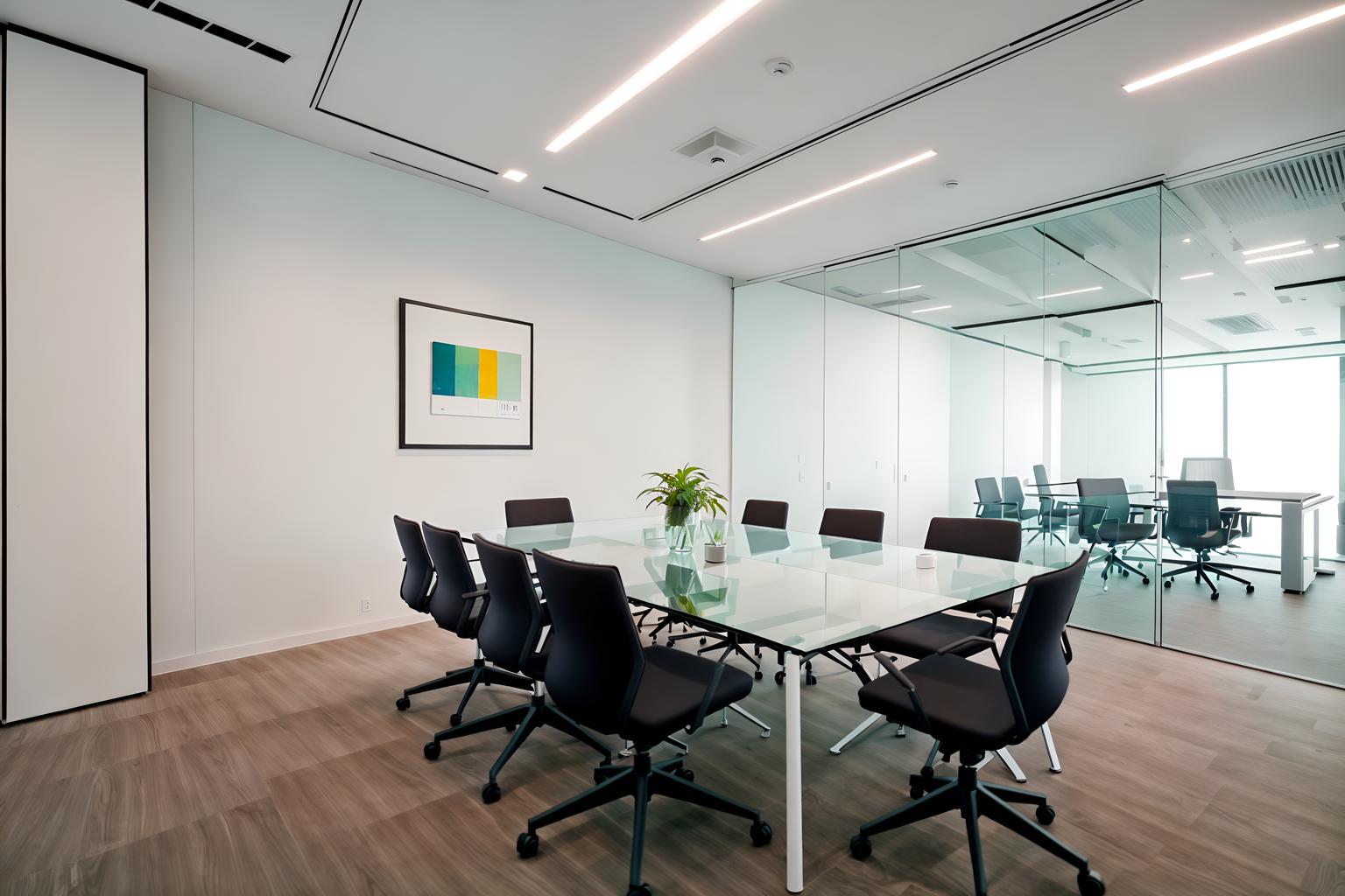 minimalist-style (meeting room interior) with vase and glass walls and plant and glass doors and cabinets and office chairs and painting or photo on wall and boardroom table. . with a monochromatic palette with colour used as an accent and an open floor plan and lots of light and functional furniture and clean lines and focus on the shape, colour and texture of just a few of essential elements and a monochromatic palette with colour used as an accent. . cinematic photo, highly detailed, cinematic lighting, ultra-detailed, ultrarealistic, photorealism, 8k. minimalist interior design style. masterpiece, cinematic light, ultrarealistic+, photorealistic+, 8k, raw photo, realistic, sharp focus on eyes, (symmetrical eyes), (intact eyes), hyperrealistic, highest quality, best quality, , highly detailed, masterpiece, best quality, extremely detailed 8k wallpaper, masterpiece, best quality, ultra-detailed, best shadow, detailed background, detailed face, detailed eyes, high contrast, best illumination, detailed face, dulux, caustic, dynamic angle, detailed glow. dramatic lighting. highly detailed, insanely detailed hair, symmetrical, intricate details, professionally retouched, 8k high definition. strong bokeh. award winning photo.