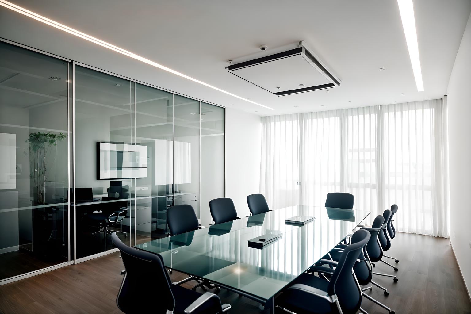 minimalist-style (meeting room interior) with vase and glass walls and plant and glass doors and cabinets and office chairs and painting or photo on wall and boardroom table. . with a monochromatic palette with colour used as an accent and an open floor plan and lots of light and functional furniture and clean lines and focus on the shape, colour and texture of just a few of essential elements and a monochromatic palette with colour used as an accent. . cinematic photo, highly detailed, cinematic lighting, ultra-detailed, ultrarealistic, photorealism, 8k. minimalist interior design style. masterpiece, cinematic light, ultrarealistic+, photorealistic+, 8k, raw photo, realistic, sharp focus on eyes, (symmetrical eyes), (intact eyes), hyperrealistic, highest quality, best quality, , highly detailed, masterpiece, best quality, extremely detailed 8k wallpaper, masterpiece, best quality, ultra-detailed, best shadow, detailed background, detailed face, detailed eyes, high contrast, best illumination, detailed face, dulux, caustic, dynamic angle, detailed glow. dramatic lighting. highly detailed, insanely detailed hair, symmetrical, intricate details, professionally retouched, 8k high definition. strong bokeh. award winning photo.