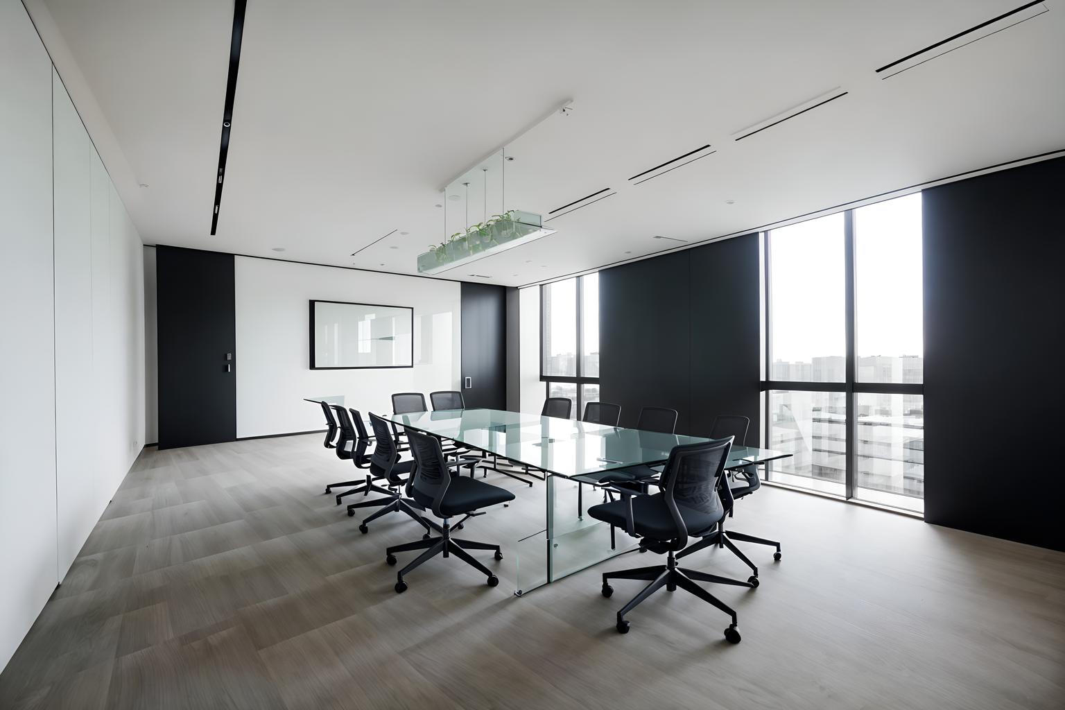 minimalist-style (meeting room interior) with vase and glass walls and plant and glass doors and cabinets and office chairs and painting or photo on wall and boardroom table. . with a monochromatic palette with colour used as an accent and an open floor plan and lots of light and functional furniture and clean lines and focus on the shape, colour and texture of just a few of essential elements and a monochromatic palette with colour used as an accent. . cinematic photo, highly detailed, cinematic lighting, ultra-detailed, ultrarealistic, photorealism, 8k. minimalist interior design style. masterpiece, cinematic light, ultrarealistic+, photorealistic+, 8k, raw photo, realistic, sharp focus on eyes, (symmetrical eyes), (intact eyes), hyperrealistic, highest quality, best quality, , highly detailed, masterpiece, best quality, extremely detailed 8k wallpaper, masterpiece, best quality, ultra-detailed, best shadow, detailed background, detailed face, detailed eyes, high contrast, best illumination, detailed face, dulux, caustic, dynamic angle, detailed glow. dramatic lighting. highly detailed, insanely detailed hair, symmetrical, intricate details, professionally retouched, 8k high definition. strong bokeh. award winning photo.