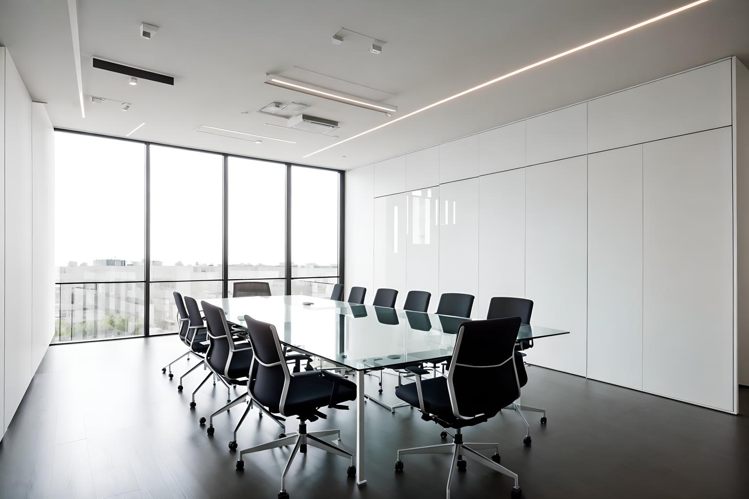 minimalist-style (meeting room interior) with vase and glass walls and plant and glass doors and cabinets and office chairs and painting or photo on wall and boardroom table. . with a monochromatic palette with colour used as an accent and an open floor plan and lots of light and functional furniture and clean lines and focus on the shape, colour and texture of just a few of essential elements and a monochromatic palette with colour used as an accent. . cinematic photo, highly detailed, cinematic lighting, ultra-detailed, ultrarealistic, photorealism, 8k. minimalist interior design style. masterpiece, cinematic light, ultrarealistic+, photorealistic+, 8k, raw photo, realistic, sharp focus on eyes, (symmetrical eyes), (intact eyes), hyperrealistic, highest quality, best quality, , highly detailed, masterpiece, best quality, extremely detailed 8k wallpaper, masterpiece, best quality, ultra-detailed, best shadow, detailed background, detailed face, detailed eyes, high contrast, best illumination, detailed face, dulux, caustic, dynamic angle, detailed glow. dramatic lighting. highly detailed, insanely detailed hair, symmetrical, intricate details, professionally retouched, 8k high definition. strong bokeh. award winning photo.