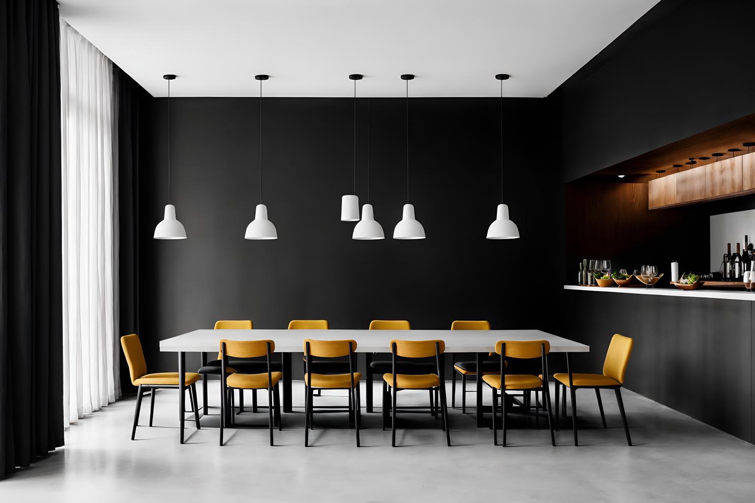 minimalist-style (restaurant interior) with restaurant decor and restaurant bar and restaurant dining tables and restaurant chairs and restaurant decor. . with a monochromatic palette with colour used as an accent and functional furniture and an open floor plan and focus on the shape, colour and texture of just a few of essential elements and lots of light and clean lines and a monochromatic palette with colour used as an accent. . cinematic photo, highly detailed, cinematic lighting, ultra-detailed, ultrarealistic, photorealism, 8k. minimalist interior design style. masterpiece, cinematic light, ultrarealistic+, photorealistic+, 8k, raw photo, realistic, sharp focus on eyes, (symmetrical eyes), (intact eyes), hyperrealistic, highest quality, best quality, , highly detailed, masterpiece, best quality, extremely detailed 8k wallpaper, masterpiece, best quality, ultra-detailed, best shadow, detailed background, detailed face, detailed eyes, high contrast, best illumination, detailed face, dulux, caustic, dynamic angle, detailed glow. dramatic lighting. highly detailed, insanely detailed hair, symmetrical, intricate details, professionally retouched, 8k high definition. strong bokeh. award winning photo.