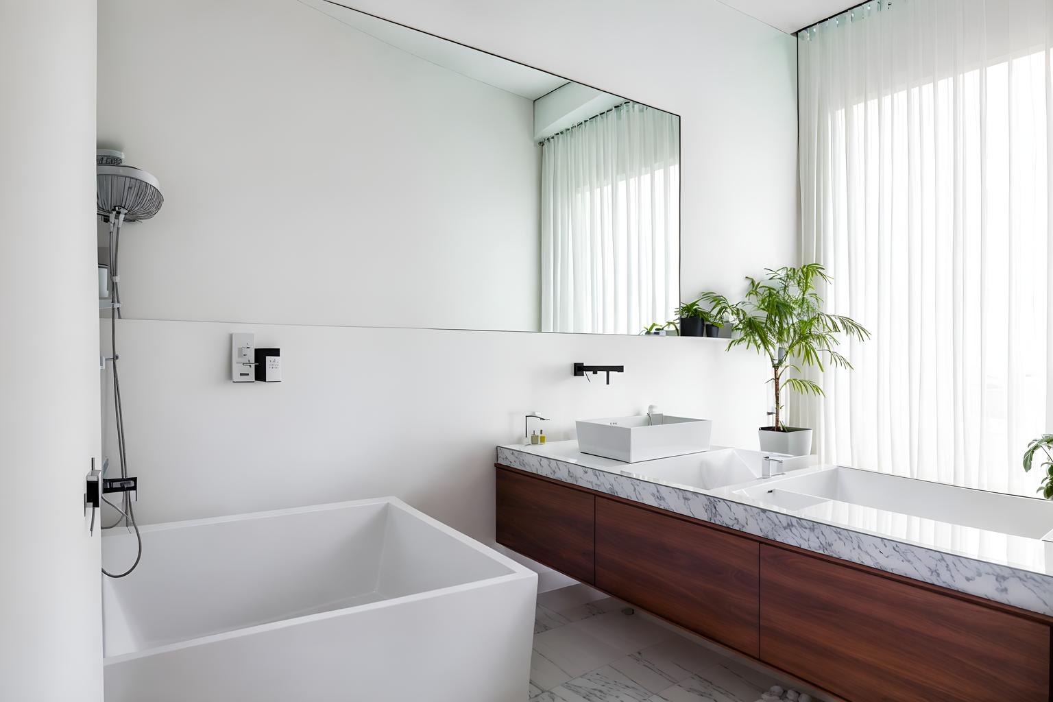 minimalist-style (hotel bathroom interior) with bathtub and waste basket and mirror and shower and plant and bath towel and bathroom cabinet and bathroom sink with faucet. . with an open floor plan and lots of light and focus on the shape, colour and texture of just a few of essential elements and clean lines and a monochromatic palette with colour used as an accent and functional furniture and an open floor plan. . cinematic photo, highly detailed, cinematic lighting, ultra-detailed, ultrarealistic, photorealism, 8k. minimalist interior design style. masterpiece, cinematic light, ultrarealistic+, photorealistic+, 8k, raw photo, realistic, sharp focus on eyes, (symmetrical eyes), (intact eyes), hyperrealistic, highest quality, best quality, , highly detailed, masterpiece, best quality, extremely detailed 8k wallpaper, masterpiece, best quality, ultra-detailed, best shadow, detailed background, detailed face, detailed eyes, high contrast, best illumination, detailed face, dulux, caustic, dynamic angle, detailed glow. dramatic lighting. highly detailed, insanely detailed hair, symmetrical, intricate details, professionally retouched, 8k high definition. strong bokeh. award winning photo.
