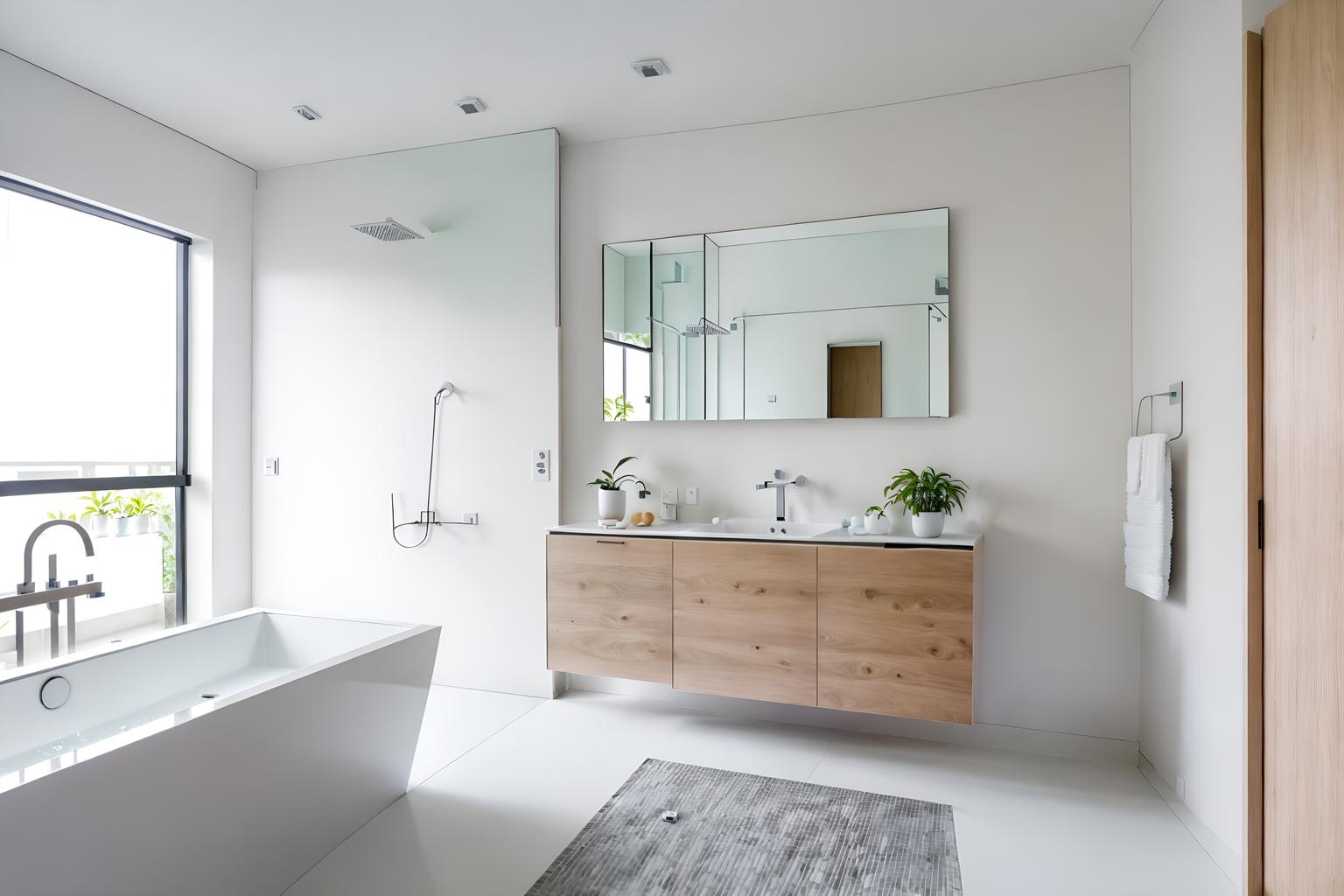 minimalist-style (hotel bathroom interior) with bathtub and waste basket and mirror and shower and plant and bath towel and bathroom cabinet and bathroom sink with faucet. . with an open floor plan and lots of light and focus on the shape, colour and texture of just a few of essential elements and clean lines and a monochromatic palette with colour used as an accent and functional furniture and an open floor plan. . cinematic photo, highly detailed, cinematic lighting, ultra-detailed, ultrarealistic, photorealism, 8k. minimalist interior design style. masterpiece, cinematic light, ultrarealistic+, photorealistic+, 8k, raw photo, realistic, sharp focus on eyes, (symmetrical eyes), (intact eyes), hyperrealistic, highest quality, best quality, , highly detailed, masterpiece, best quality, extremely detailed 8k wallpaper, masterpiece, best quality, ultra-detailed, best shadow, detailed background, detailed face, detailed eyes, high contrast, best illumination, detailed face, dulux, caustic, dynamic angle, detailed glow. dramatic lighting. highly detailed, insanely detailed hair, symmetrical, intricate details, professionally retouched, 8k high definition. strong bokeh. award winning photo.