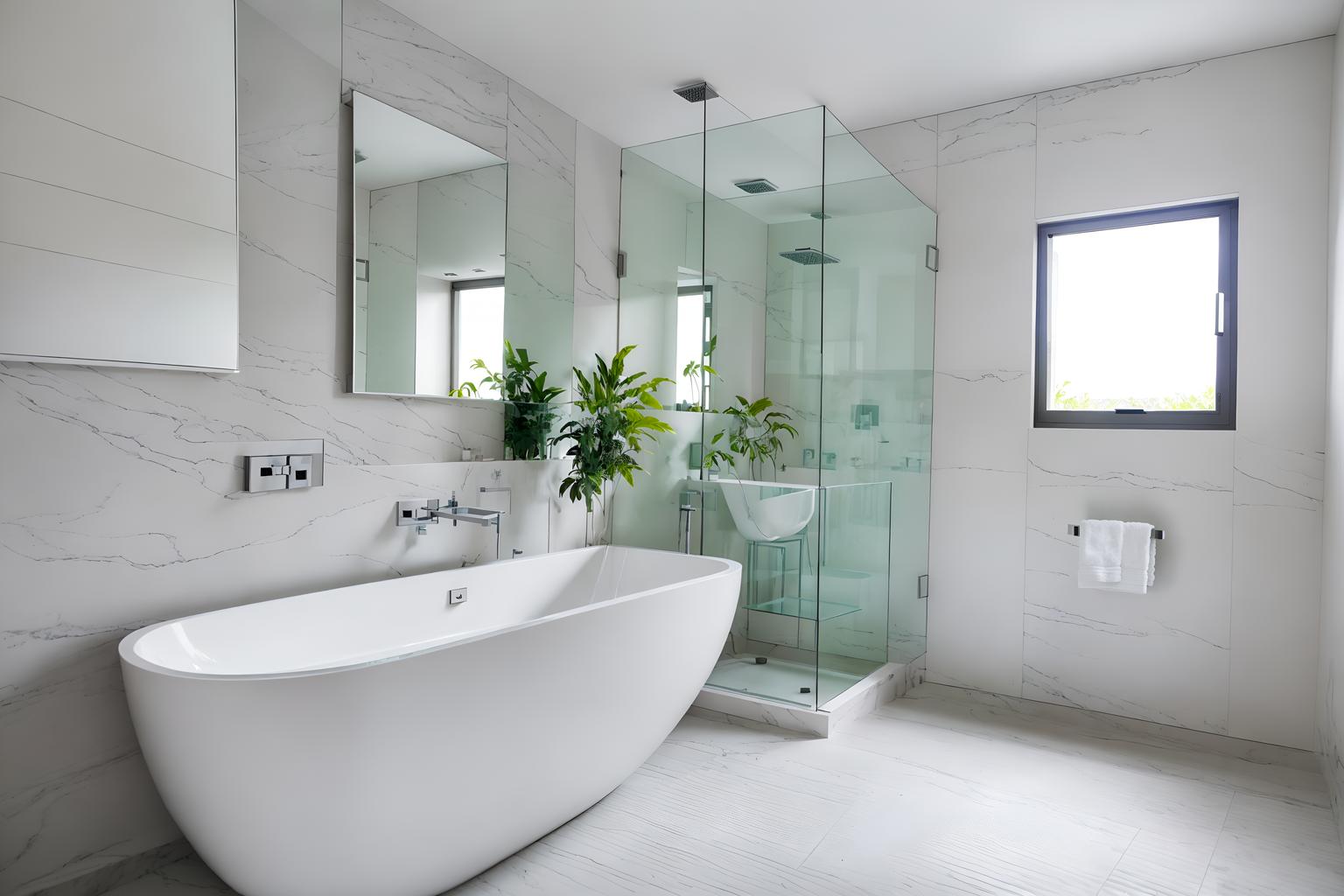 minimalist-style (hotel bathroom interior) with bathtub and waste basket and mirror and shower and plant and bath towel and bathroom cabinet and bathroom sink with faucet. . with an open floor plan and lots of light and focus on the shape, colour and texture of just a few of essential elements and clean lines and a monochromatic palette with colour used as an accent and functional furniture and an open floor plan. . cinematic photo, highly detailed, cinematic lighting, ultra-detailed, ultrarealistic, photorealism, 8k. minimalist interior design style. masterpiece, cinematic light, ultrarealistic+, photorealistic+, 8k, raw photo, realistic, sharp focus on eyes, (symmetrical eyes), (intact eyes), hyperrealistic, highest quality, best quality, , highly detailed, masterpiece, best quality, extremely detailed 8k wallpaper, masterpiece, best quality, ultra-detailed, best shadow, detailed background, detailed face, detailed eyes, high contrast, best illumination, detailed face, dulux, caustic, dynamic angle, detailed glow. dramatic lighting. highly detailed, insanely detailed hair, symmetrical, intricate details, professionally retouched, 8k high definition. strong bokeh. award winning photo.