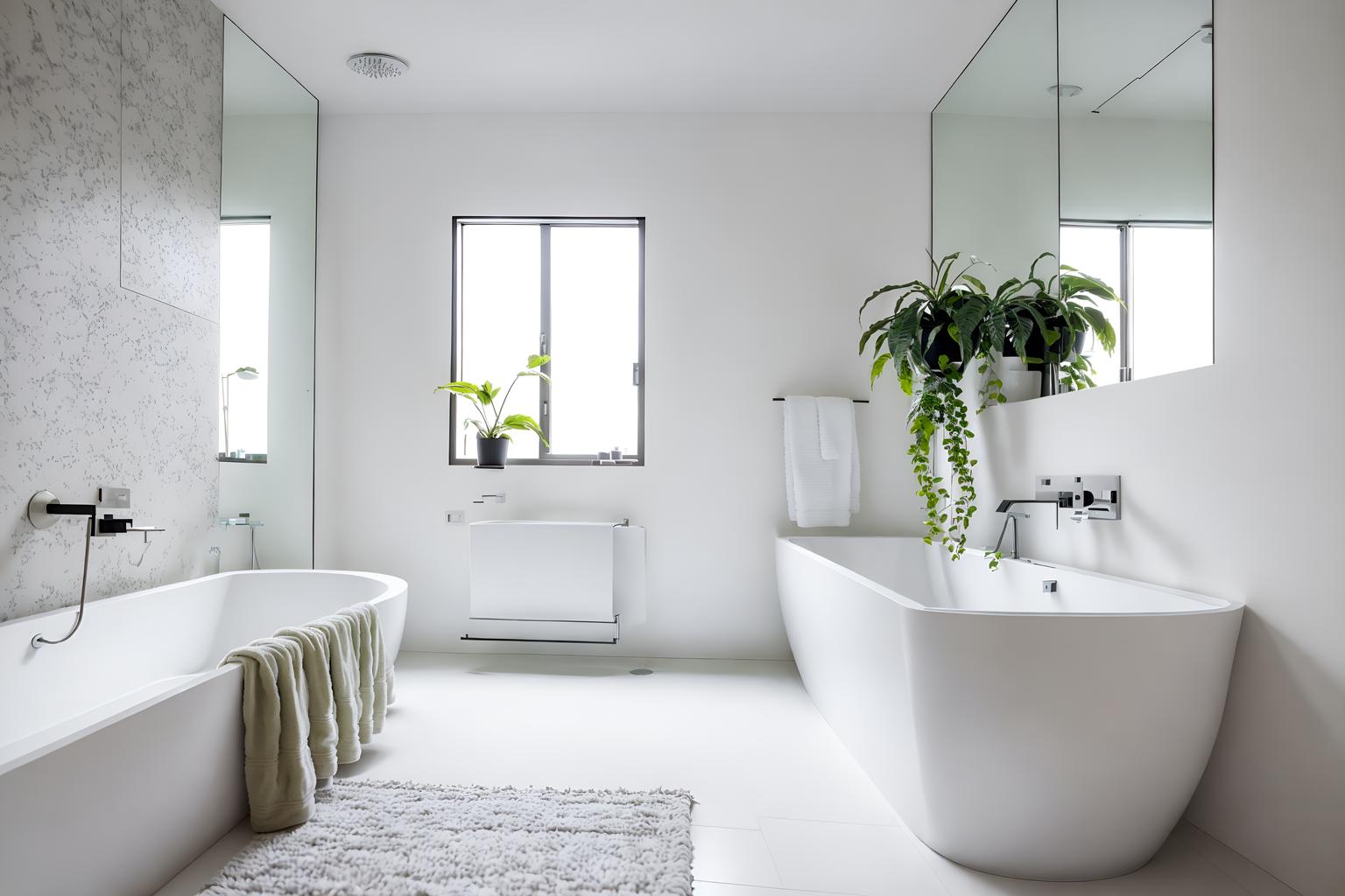 minimalist-style (hotel bathroom interior) with bathtub and waste basket and mirror and shower and plant and bath towel and bathroom cabinet and bathroom sink with faucet. . with an open floor plan and lots of light and focus on the shape, colour and texture of just a few of essential elements and clean lines and a monochromatic palette with colour used as an accent and functional furniture and an open floor plan. . cinematic photo, highly detailed, cinematic lighting, ultra-detailed, ultrarealistic, photorealism, 8k. minimalist interior design style. masterpiece, cinematic light, ultrarealistic+, photorealistic+, 8k, raw photo, realistic, sharp focus on eyes, (symmetrical eyes), (intact eyes), hyperrealistic, highest quality, best quality, , highly detailed, masterpiece, best quality, extremely detailed 8k wallpaper, masterpiece, best quality, ultra-detailed, best shadow, detailed background, detailed face, detailed eyes, high contrast, best illumination, detailed face, dulux, caustic, dynamic angle, detailed glow. dramatic lighting. highly detailed, insanely detailed hair, symmetrical, intricate details, professionally retouched, 8k high definition. strong bokeh. award winning photo.