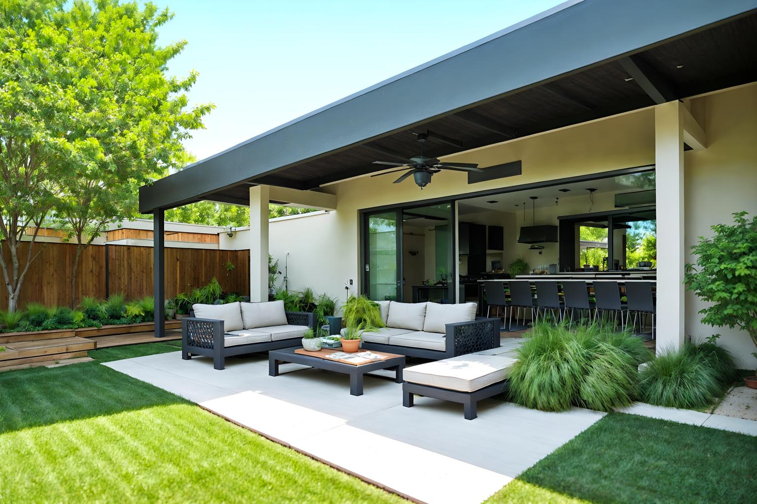 minimalist-style designed (outdoor patio ) with grass and patio couch with pillows and barbeque or grill and plant and deck with deck chairs and grass. . with functional furniture and an open floor plan and focus on the shape, colour and texture of just a few of essential elements and lots of light and clean lines and a monochromatic palette with colour used as an accent and functional furniture. . cinematic photo, highly detailed, cinematic lighting, ultra-detailed, ultrarealistic, photorealism, 8k. minimalist design style. masterpiece, cinematic light, ultrarealistic+, photorealistic+, 8k, raw photo, realistic, sharp focus on eyes, (symmetrical eyes), (intact eyes), hyperrealistic, highest quality, best quality, , highly detailed, masterpiece, best quality, extremely detailed 8k wallpaper, masterpiece, best quality, ultra-detailed, best shadow, detailed background, detailed face, detailed eyes, high contrast, best illumination, detailed face, dulux, caustic, dynamic angle, detailed glow. dramatic lighting. highly detailed, insanely detailed hair, symmetrical, intricate details, professionally retouched, 8k high definition. strong bokeh. award winning photo.