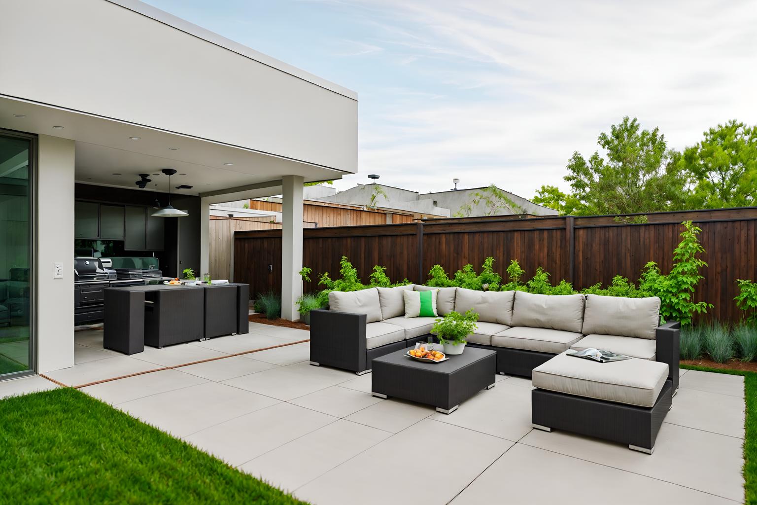 minimalist-style designed (outdoor patio ) with grass and patio couch with pillows and barbeque or grill and plant and deck with deck chairs and grass. . with functional furniture and an open floor plan and focus on the shape, colour and texture of just a few of essential elements and lots of light and clean lines and a monochromatic palette with colour used as an accent and functional furniture. . cinematic photo, highly detailed, cinematic lighting, ultra-detailed, ultrarealistic, photorealism, 8k. minimalist design style. masterpiece, cinematic light, ultrarealistic+, photorealistic+, 8k, raw photo, realistic, sharp focus on eyes, (symmetrical eyes), (intact eyes), hyperrealistic, highest quality, best quality, , highly detailed, masterpiece, best quality, extremely detailed 8k wallpaper, masterpiece, best quality, ultra-detailed, best shadow, detailed background, detailed face, detailed eyes, high contrast, best illumination, detailed face, dulux, caustic, dynamic angle, detailed glow. dramatic lighting. highly detailed, insanely detailed hair, symmetrical, intricate details, professionally retouched, 8k high definition. strong bokeh. award winning photo.