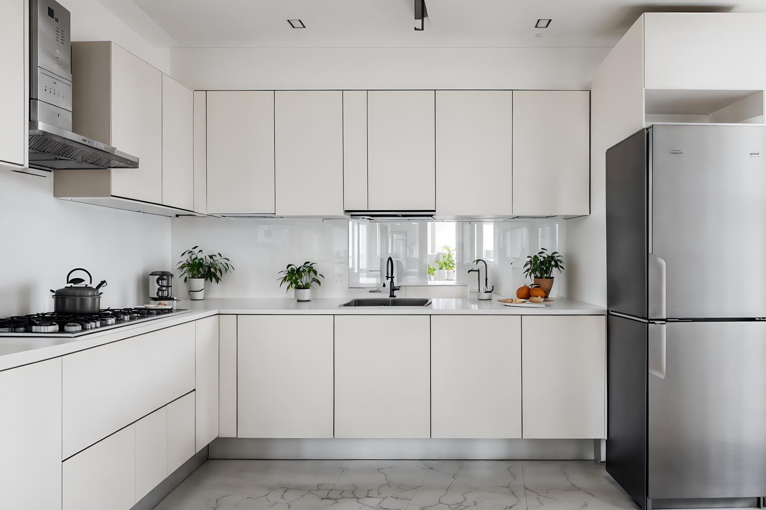 minimalist-style (kitchen interior) with kitchen cabinets and stove and plant and refrigerator and sink and worktops and kitchen cabinets. . with an open floor plan and functional furniture and clean lines and lots of light and focus on the shape, colour and texture of just a few of essential elements and a monochromatic palette with colour used as an accent and an open floor plan. . cinematic photo, highly detailed, cinematic lighting, ultra-detailed, ultrarealistic, photorealism, 8k. minimalist interior design style. masterpiece, cinematic light, ultrarealistic+, photorealistic+, 8k, raw photo, realistic, sharp focus on eyes, (symmetrical eyes), (intact eyes), hyperrealistic, highest quality, best quality, , highly detailed, masterpiece, best quality, extremely detailed 8k wallpaper, masterpiece, best quality, ultra-detailed, best shadow, detailed background, detailed face, detailed eyes, high contrast, best illumination, detailed face, dulux, caustic, dynamic angle, detailed glow. dramatic lighting. highly detailed, insanely detailed hair, symmetrical, intricate details, professionally retouched, 8k high definition. strong bokeh. award winning photo.