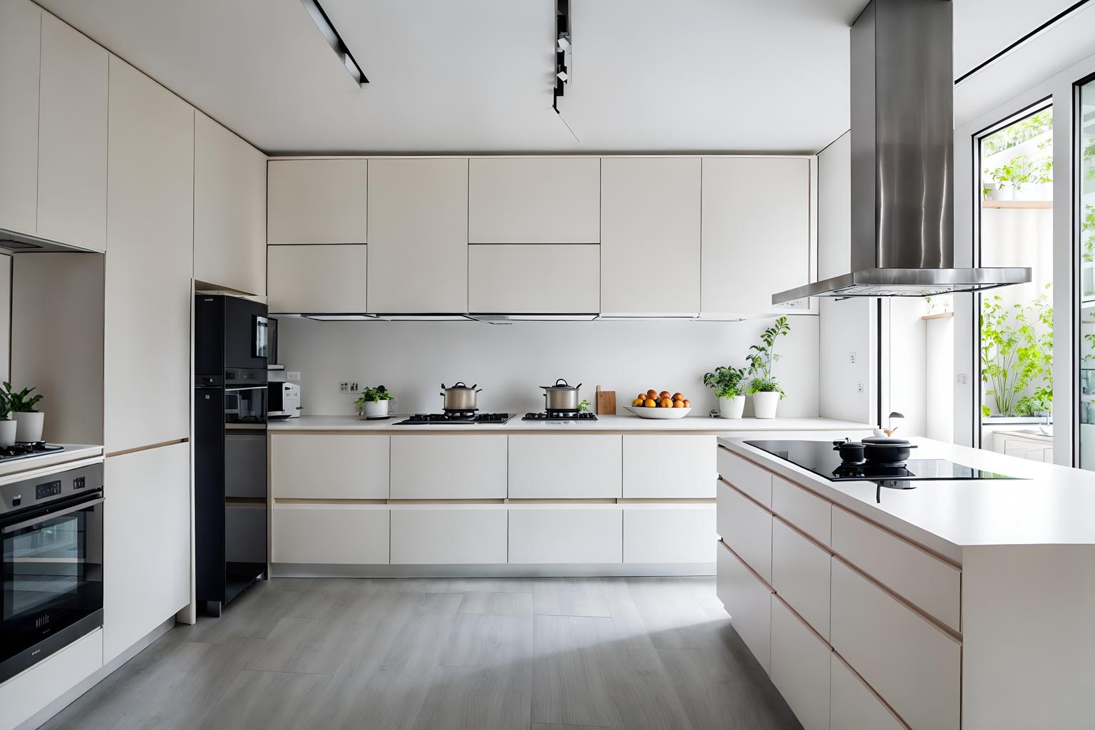 minimalist-style (kitchen interior) with kitchen cabinets and stove and plant and refrigerator and sink and worktops and kitchen cabinets. . with an open floor plan and functional furniture and clean lines and lots of light and focus on the shape, colour and texture of just a few of essential elements and a monochromatic palette with colour used as an accent and an open floor plan. . cinematic photo, highly detailed, cinematic lighting, ultra-detailed, ultrarealistic, photorealism, 8k. minimalist interior design style. masterpiece, cinematic light, ultrarealistic+, photorealistic+, 8k, raw photo, realistic, sharp focus on eyes, (symmetrical eyes), (intact eyes), hyperrealistic, highest quality, best quality, , highly detailed, masterpiece, best quality, extremely detailed 8k wallpaper, masterpiece, best quality, ultra-detailed, best shadow, detailed background, detailed face, detailed eyes, high contrast, best illumination, detailed face, dulux, caustic, dynamic angle, detailed glow. dramatic lighting. highly detailed, insanely detailed hair, symmetrical, intricate details, professionally retouched, 8k high definition. strong bokeh. award winning photo.