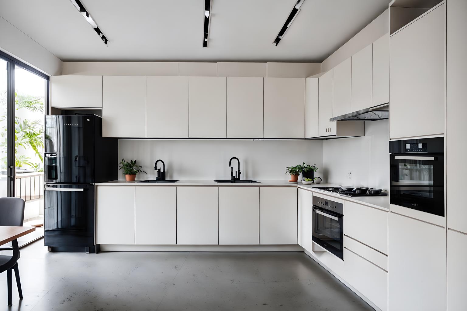 minimalist-style (kitchen interior) with kitchen cabinets and stove and plant and refrigerator and sink and worktops and kitchen cabinets. . with an open floor plan and functional furniture and clean lines and lots of light and focus on the shape, colour and texture of just a few of essential elements and a monochromatic palette with colour used as an accent and an open floor plan. . cinematic photo, highly detailed, cinematic lighting, ultra-detailed, ultrarealistic, photorealism, 8k. minimalist interior design style. masterpiece, cinematic light, ultrarealistic+, photorealistic+, 8k, raw photo, realistic, sharp focus on eyes, (symmetrical eyes), (intact eyes), hyperrealistic, highest quality, best quality, , highly detailed, masterpiece, best quality, extremely detailed 8k wallpaper, masterpiece, best quality, ultra-detailed, best shadow, detailed background, detailed face, detailed eyes, high contrast, best illumination, detailed face, dulux, caustic, dynamic angle, detailed glow. dramatic lighting. highly detailed, insanely detailed hair, symmetrical, intricate details, professionally retouched, 8k high definition. strong bokeh. award winning photo.