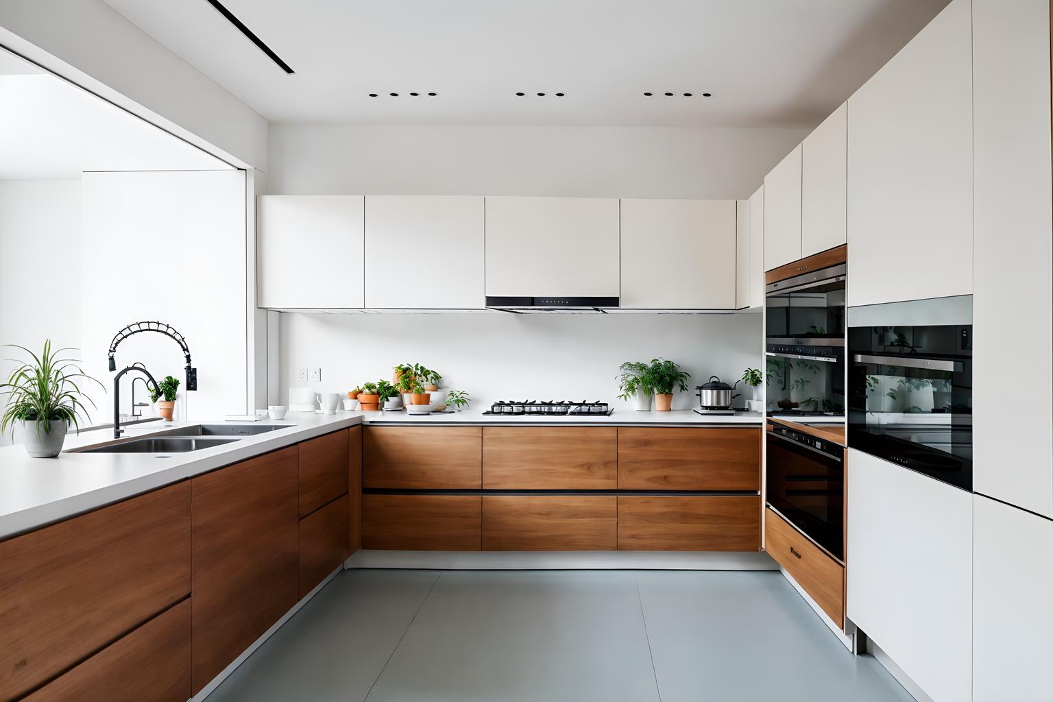 minimalist-style (kitchen interior) with kitchen cabinets and stove and plant and refrigerator and sink and worktops and kitchen cabinets. . with an open floor plan and functional furniture and clean lines and lots of light and focus on the shape, colour and texture of just a few of essential elements and a monochromatic palette with colour used as an accent and an open floor plan. . cinematic photo, highly detailed, cinematic lighting, ultra-detailed, ultrarealistic, photorealism, 8k. minimalist interior design style. masterpiece, cinematic light, ultrarealistic+, photorealistic+, 8k, raw photo, realistic, sharp focus on eyes, (symmetrical eyes), (intact eyes), hyperrealistic, highest quality, best quality, , highly detailed, masterpiece, best quality, extremely detailed 8k wallpaper, masterpiece, best quality, ultra-detailed, best shadow, detailed background, detailed face, detailed eyes, high contrast, best illumination, detailed face, dulux, caustic, dynamic angle, detailed glow. dramatic lighting. highly detailed, insanely detailed hair, symmetrical, intricate details, professionally retouched, 8k high definition. strong bokeh. award winning photo.