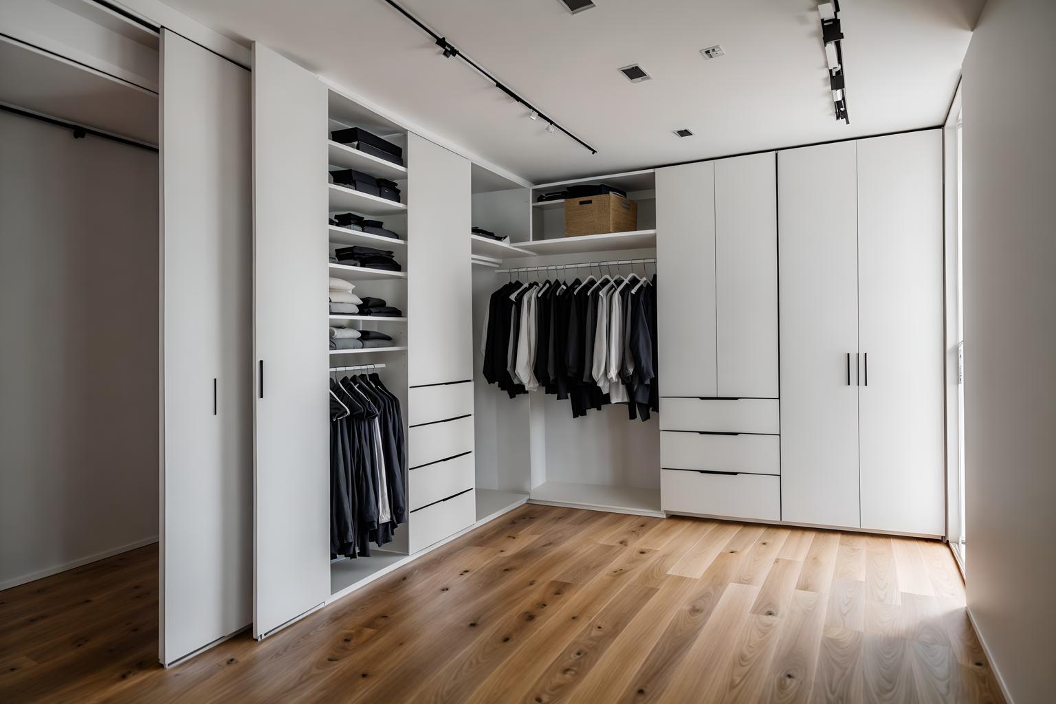 minimalist-style (walk in closet interior) . with an open floor plan and clean lines and a monochromatic palette with colour used as an accent and functional furniture and focus on the shape, colour and texture of just a few of essential elements and lots of light and an open floor plan. . cinematic photo, highly detailed, cinematic lighting, ultra-detailed, ultrarealistic, photorealism, 8k. minimalist interior design style. masterpiece, cinematic light, ultrarealistic+, photorealistic+, 8k, raw photo, realistic, sharp focus on eyes, (symmetrical eyes), (intact eyes), hyperrealistic, highest quality, best quality, , highly detailed, masterpiece, best quality, extremely detailed 8k wallpaper, masterpiece, best quality, ultra-detailed, best shadow, detailed background, detailed face, detailed eyes, high contrast, best illumination, detailed face, dulux, caustic, dynamic angle, detailed glow. dramatic lighting. highly detailed, insanely detailed hair, symmetrical, intricate details, professionally retouched, 8k high definition. strong bokeh. award winning photo.