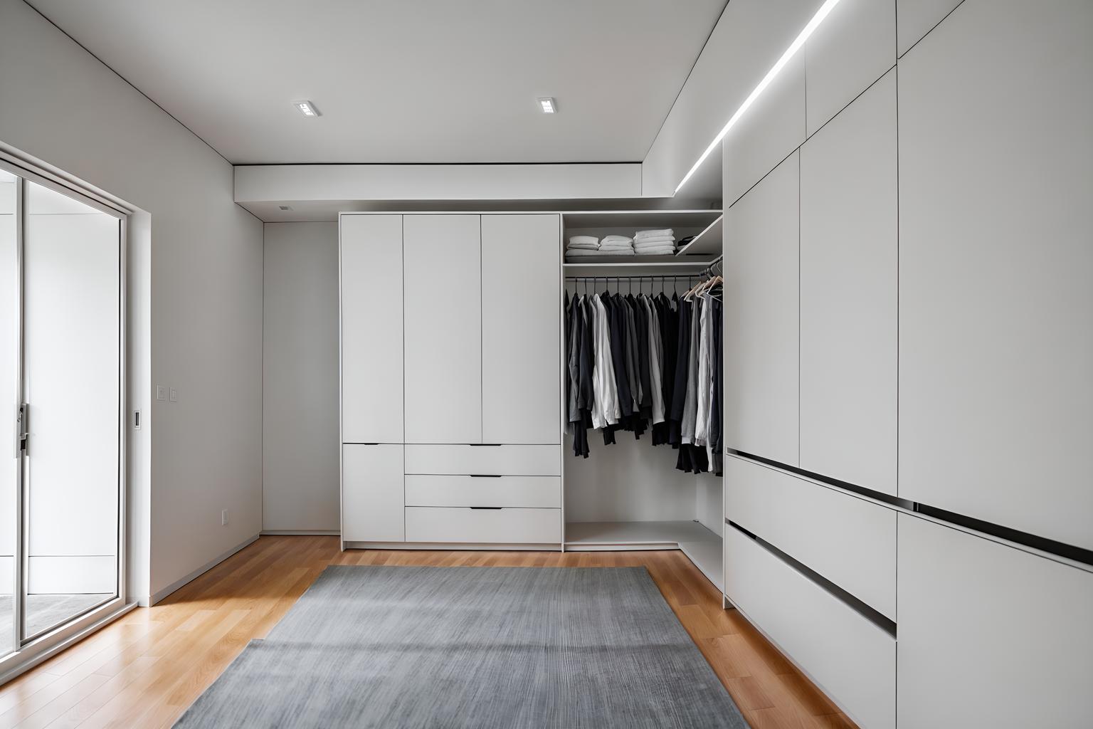 minimalist-style (walk in closet interior) . with an open floor plan and clean lines and a monochromatic palette with colour used as an accent and functional furniture and focus on the shape, colour and texture of just a few of essential elements and lots of light and an open floor plan. . cinematic photo, highly detailed, cinematic lighting, ultra-detailed, ultrarealistic, photorealism, 8k. minimalist interior design style. masterpiece, cinematic light, ultrarealistic+, photorealistic+, 8k, raw photo, realistic, sharp focus on eyes, (symmetrical eyes), (intact eyes), hyperrealistic, highest quality, best quality, , highly detailed, masterpiece, best quality, extremely detailed 8k wallpaper, masterpiece, best quality, ultra-detailed, best shadow, detailed background, detailed face, detailed eyes, high contrast, best illumination, detailed face, dulux, caustic, dynamic angle, detailed glow. dramatic lighting. highly detailed, insanely detailed hair, symmetrical, intricate details, professionally retouched, 8k high definition. strong bokeh. award winning photo.