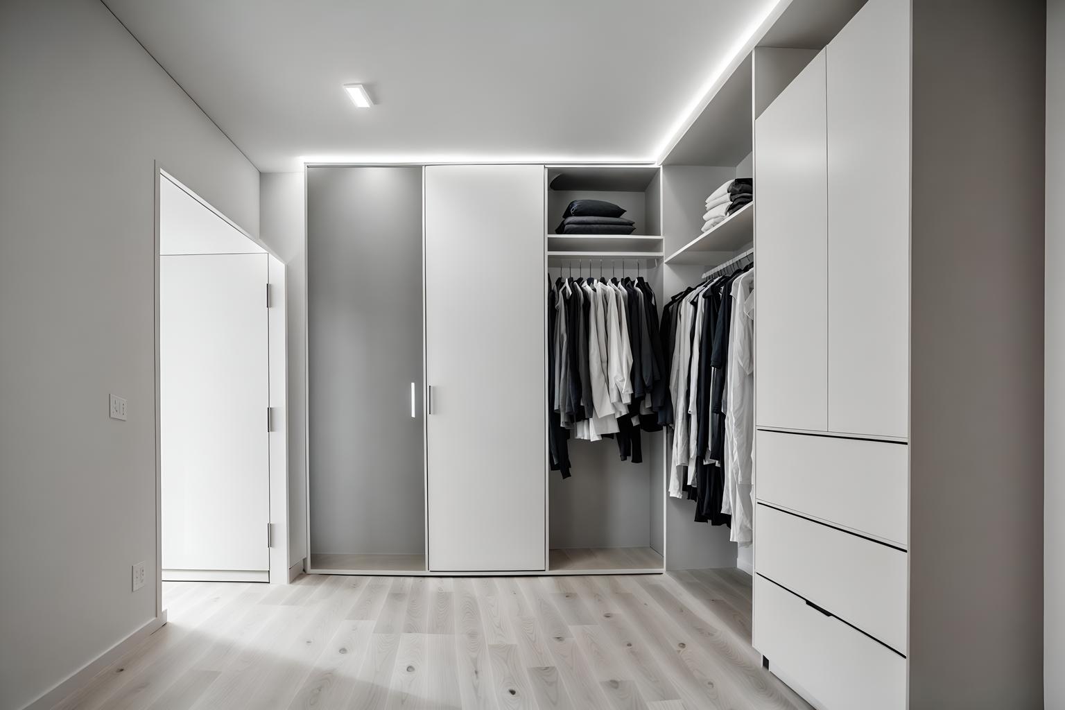 minimalist-style (walk in closet interior) . with an open floor plan and clean lines and a monochromatic palette with colour used as an accent and functional furniture and focus on the shape, colour and texture of just a few of essential elements and lots of light and an open floor plan. . cinematic photo, highly detailed, cinematic lighting, ultra-detailed, ultrarealistic, photorealism, 8k. minimalist interior design style. masterpiece, cinematic light, ultrarealistic+, photorealistic+, 8k, raw photo, realistic, sharp focus on eyes, (symmetrical eyes), (intact eyes), hyperrealistic, highest quality, best quality, , highly detailed, masterpiece, best quality, extremely detailed 8k wallpaper, masterpiece, best quality, ultra-detailed, best shadow, detailed background, detailed face, detailed eyes, high contrast, best illumination, detailed face, dulux, caustic, dynamic angle, detailed glow. dramatic lighting. highly detailed, insanely detailed hair, symmetrical, intricate details, professionally retouched, 8k high definition. strong bokeh. award winning photo.