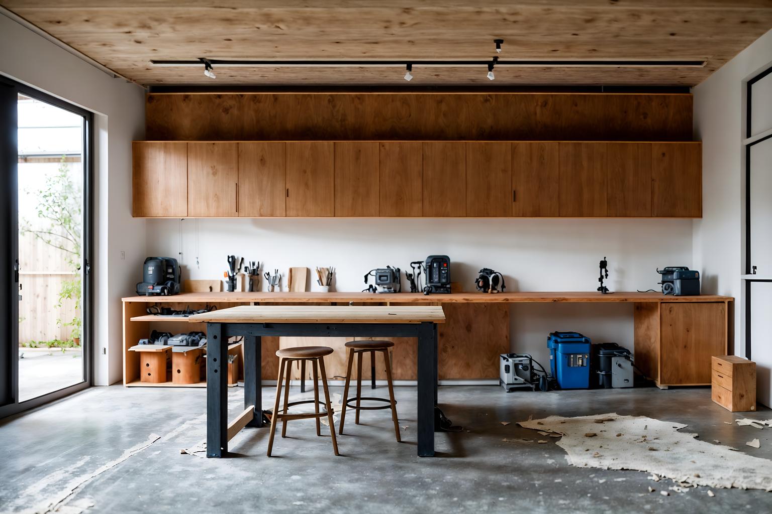 minimalist-style (workshop interior) with wooden workbench and tool wall and messy and wooden workbench. . with functional furniture and a monochromatic palette with colour used as an accent and an open floor plan and focus on the shape, colour and texture of just a few of essential elements and lots of light and clean lines and functional furniture. . cinematic photo, highly detailed, cinematic lighting, ultra-detailed, ultrarealistic, photorealism, 8k. minimalist interior design style. masterpiece, cinematic light, ultrarealistic+, photorealistic+, 8k, raw photo, realistic, sharp focus on eyes, (symmetrical eyes), (intact eyes), hyperrealistic, highest quality, best quality, , highly detailed, masterpiece, best quality, extremely detailed 8k wallpaper, masterpiece, best quality, ultra-detailed, best shadow, detailed background, detailed face, detailed eyes, high contrast, best illumination, detailed face, dulux, caustic, dynamic angle, detailed glow. dramatic lighting. highly detailed, insanely detailed hair, symmetrical, intricate details, professionally retouched, 8k high definition. strong bokeh. award winning photo.