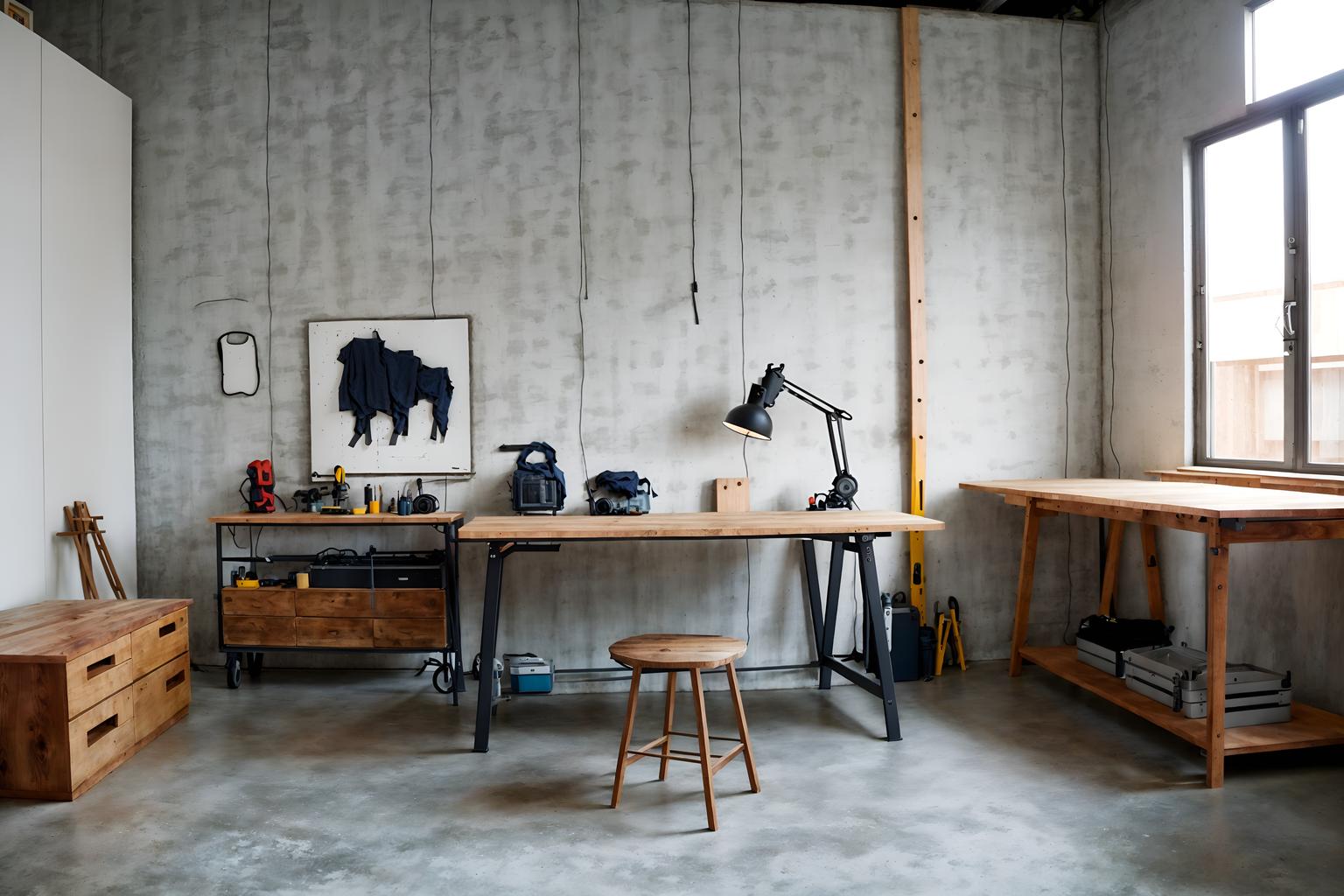 minimalist-style (workshop interior) with wooden workbench and tool wall and messy and wooden workbench. . with functional furniture and a monochromatic palette with colour used as an accent and an open floor plan and focus on the shape, colour and texture of just a few of essential elements and lots of light and clean lines and functional furniture. . cinematic photo, highly detailed, cinematic lighting, ultra-detailed, ultrarealistic, photorealism, 8k. minimalist interior design style. masterpiece, cinematic light, ultrarealistic+, photorealistic+, 8k, raw photo, realistic, sharp focus on eyes, (symmetrical eyes), (intact eyes), hyperrealistic, highest quality, best quality, , highly detailed, masterpiece, best quality, extremely detailed 8k wallpaper, masterpiece, best quality, ultra-detailed, best shadow, detailed background, detailed face, detailed eyes, high contrast, best illumination, detailed face, dulux, caustic, dynamic angle, detailed glow. dramatic lighting. highly detailed, insanely detailed hair, symmetrical, intricate details, professionally retouched, 8k high definition. strong bokeh. award winning photo.