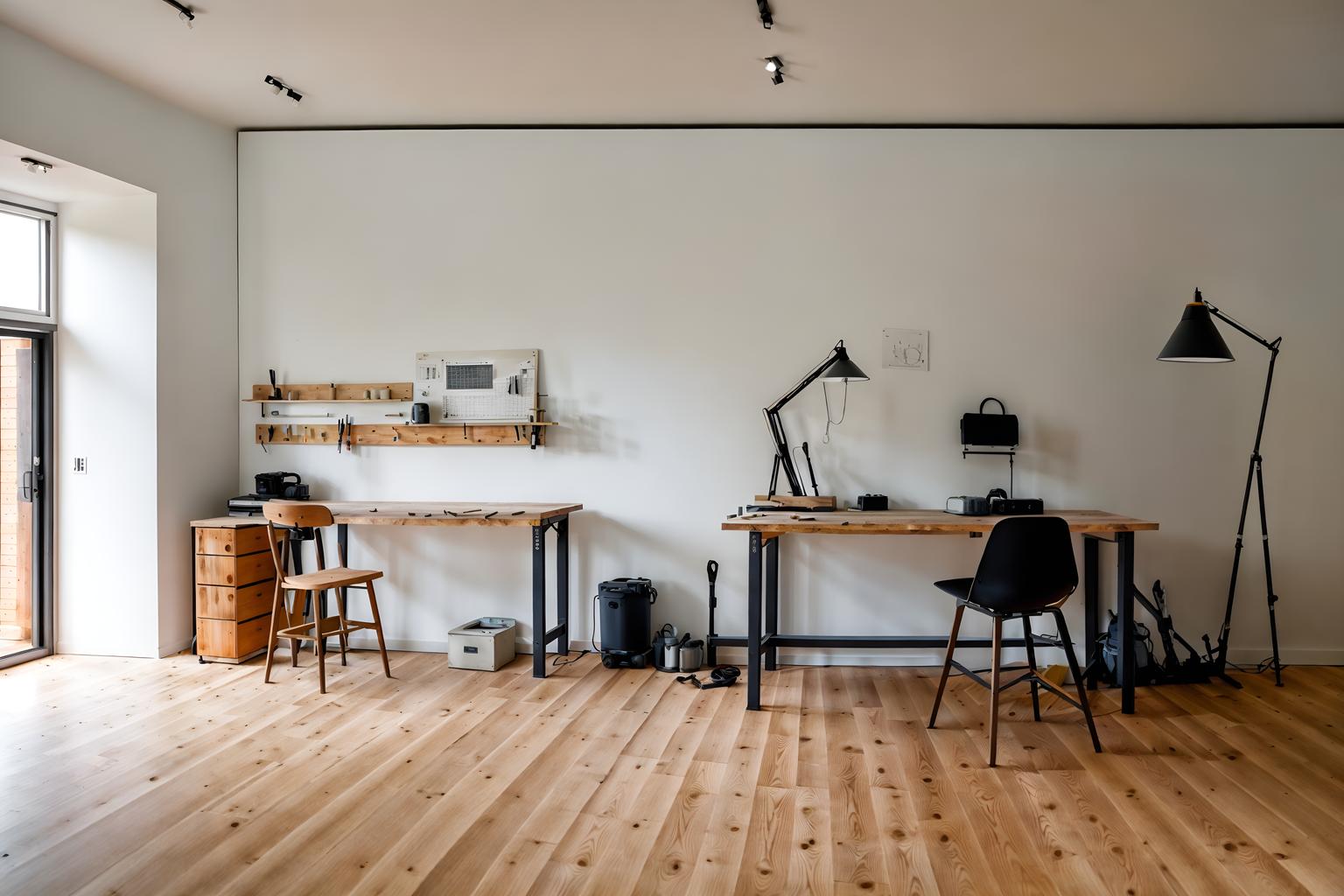 minimalist-style (workshop interior) with wooden workbench and tool wall and messy and wooden workbench. . with functional furniture and a monochromatic palette with colour used as an accent and an open floor plan and focus on the shape, colour and texture of just a few of essential elements and lots of light and clean lines and functional furniture. . cinematic photo, highly detailed, cinematic lighting, ultra-detailed, ultrarealistic, photorealism, 8k. minimalist interior design style. masterpiece, cinematic light, ultrarealistic+, photorealistic+, 8k, raw photo, realistic, sharp focus on eyes, (symmetrical eyes), (intact eyes), hyperrealistic, highest quality, best quality, , highly detailed, masterpiece, best quality, extremely detailed 8k wallpaper, masterpiece, best quality, ultra-detailed, best shadow, detailed background, detailed face, detailed eyes, high contrast, best illumination, detailed face, dulux, caustic, dynamic angle, detailed glow. dramatic lighting. highly detailed, insanely detailed hair, symmetrical, intricate details, professionally retouched, 8k high definition. strong bokeh. award winning photo.