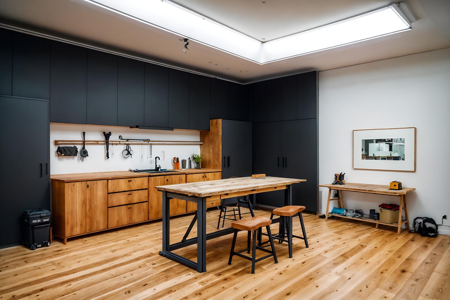 minimalist-style (workshop interior) with wooden workbench and tool wall and messy and wooden workbench. . with functional furniture and a monochromatic palette with colour used as an accent and an open floor plan and focus on the shape, colour and texture of just a few of essential elements and lots of light and clean lines and functional furniture. . cinematic photo, highly detailed, cinematic lighting, ultra-detailed, ultrarealistic, photorealism, 8k. minimalist interior design style. masterpiece, cinematic light, ultrarealistic+, photorealistic+, 8k, raw photo, realistic, sharp focus on eyes, (symmetrical eyes), (intact eyes), hyperrealistic, highest quality, best quality, , highly detailed, masterpiece, best quality, extremely detailed 8k wallpaper, masterpiece, best quality, ultra-detailed, best shadow, detailed background, detailed face, detailed eyes, high contrast, best illumination, detailed face, dulux, caustic, dynamic angle, detailed glow. dramatic lighting. highly detailed, insanely detailed hair, symmetrical, intricate details, professionally retouched, 8k high definition. strong bokeh. award winning photo.