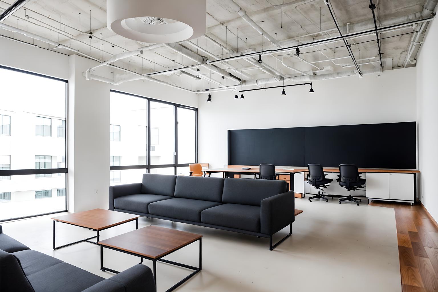 minimalist-style (coworking space interior) with office desks and lounge chairs and office chairs and seating area with sofa and office desks. . with a monochromatic palette with colour used as an accent and an open floor plan and lots of light and clean lines and functional furniture and focus on the shape, colour and texture of just a few of essential elements and a monochromatic palette with colour used as an accent. . cinematic photo, highly detailed, cinematic lighting, ultra-detailed, ultrarealistic, photorealism, 8k. minimalist interior design style. masterpiece, cinematic light, ultrarealistic+, photorealistic+, 8k, raw photo, realistic, sharp focus on eyes, (symmetrical eyes), (intact eyes), hyperrealistic, highest quality, best quality, , highly detailed, masterpiece, best quality, extremely detailed 8k wallpaper, masterpiece, best quality, ultra-detailed, best shadow, detailed background, detailed face, detailed eyes, high contrast, best illumination, detailed face, dulux, caustic, dynamic angle, detailed glow. dramatic lighting. highly detailed, insanely detailed hair, symmetrical, intricate details, professionally retouched, 8k high definition. strong bokeh. award winning photo.