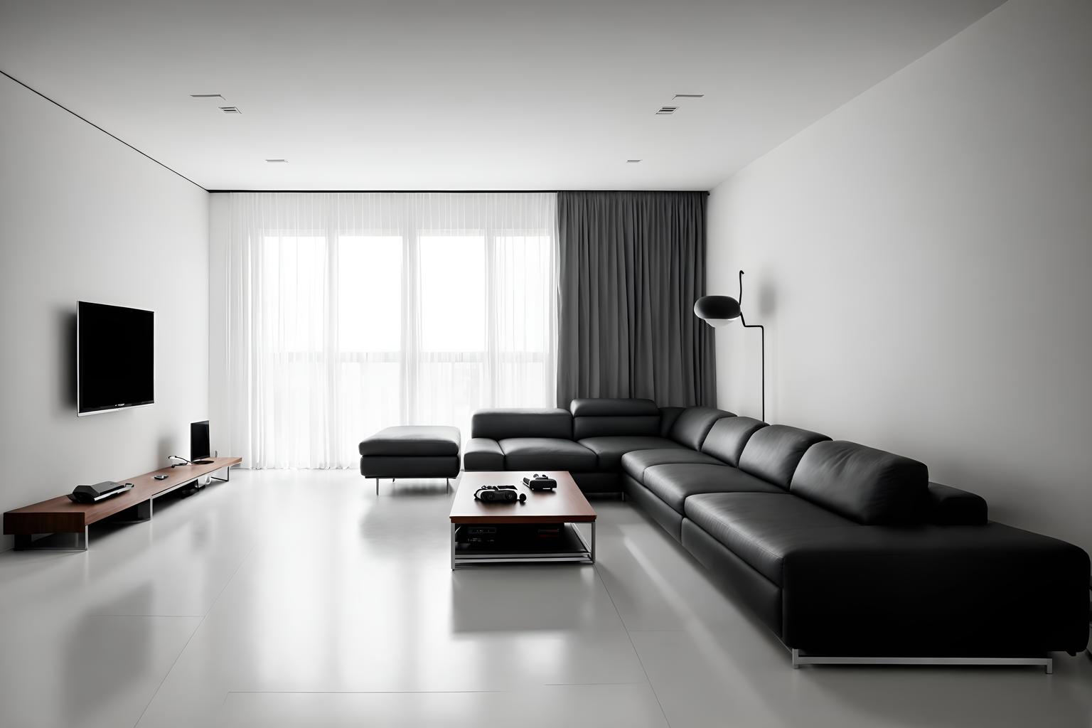 minimalist-style (gaming room interior) . with clean lines and an open floor plan and a monochromatic palette with colour used as an accent and lots of light and focus on the shape, colour and texture of just a few of essential elements and functional furniture and clean lines. . cinematic photo, highly detailed, cinematic lighting, ultra-detailed, ultrarealistic, photorealism, 8k. minimalist interior design style. masterpiece, cinematic light, ultrarealistic+, photorealistic+, 8k, raw photo, realistic, sharp focus on eyes, (symmetrical eyes), (intact eyes), hyperrealistic, highest quality, best quality, , highly detailed, masterpiece, best quality, extremely detailed 8k wallpaper, masterpiece, best quality, ultra-detailed, best shadow, detailed background, detailed face, detailed eyes, high contrast, best illumination, detailed face, dulux, caustic, dynamic angle, detailed glow. dramatic lighting. highly detailed, insanely detailed hair, symmetrical, intricate details, professionally retouched, 8k high definition. strong bokeh. award winning photo.