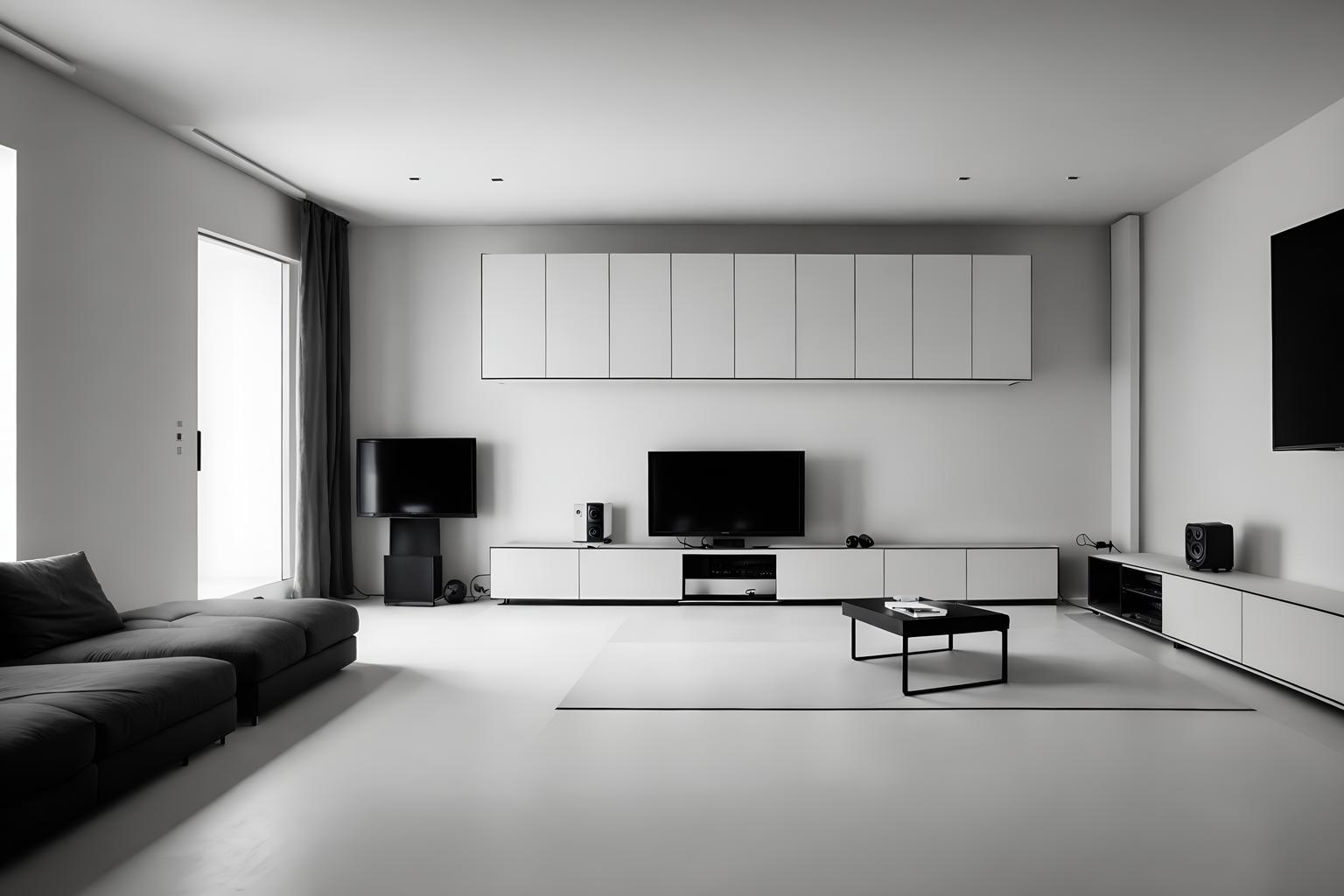 minimalist-style (gaming room interior) . with clean lines and an open floor plan and a monochromatic palette with colour used as an accent and lots of light and focus on the shape, colour and texture of just a few of essential elements and functional furniture and clean lines. . cinematic photo, highly detailed, cinematic lighting, ultra-detailed, ultrarealistic, photorealism, 8k. minimalist interior design style. masterpiece, cinematic light, ultrarealistic+, photorealistic+, 8k, raw photo, realistic, sharp focus on eyes, (symmetrical eyes), (intact eyes), hyperrealistic, highest quality, best quality, , highly detailed, masterpiece, best quality, extremely detailed 8k wallpaper, masterpiece, best quality, ultra-detailed, best shadow, detailed background, detailed face, detailed eyes, high contrast, best illumination, detailed face, dulux, caustic, dynamic angle, detailed glow. dramatic lighting. highly detailed, insanely detailed hair, symmetrical, intricate details, professionally retouched, 8k high definition. strong bokeh. award winning photo.