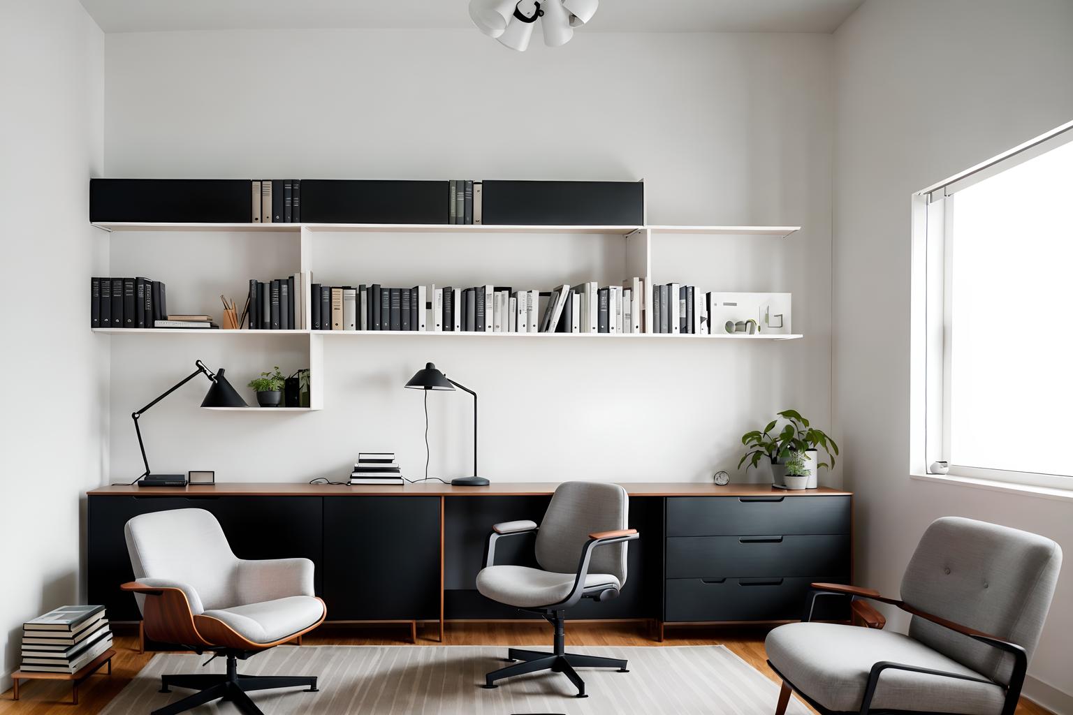 minimalist-style (study room interior) with bookshelves and plant and writing desk and office chair and lounge chair and cabinets and desk lamp and bookshelves. . with a monochromatic palette with colour used as an accent and lots of light and focus on the shape, colour and texture of just a few of essential elements and functional furniture and clean lines and an open floor plan and a monochromatic palette with colour used as an accent. . cinematic photo, highly detailed, cinematic lighting, ultra-detailed, ultrarealistic, photorealism, 8k. minimalist interior design style. masterpiece, cinematic light, ultrarealistic+, photorealistic+, 8k, raw photo, realistic, sharp focus on eyes, (symmetrical eyes), (intact eyes), hyperrealistic, highest quality, best quality, , highly detailed, masterpiece, best quality, extremely detailed 8k wallpaper, masterpiece, best quality, ultra-detailed, best shadow, detailed background, detailed face, detailed eyes, high contrast, best illumination, detailed face, dulux, caustic, dynamic angle, detailed glow. dramatic lighting. highly detailed, insanely detailed hair, symmetrical, intricate details, professionally retouched, 8k high definition. strong bokeh. award winning photo.