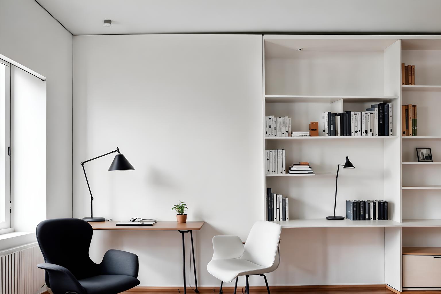 minimalist-style (study room interior) with bookshelves and plant and writing desk and office chair and lounge chair and cabinets and desk lamp and bookshelves. . with a monochromatic palette with colour used as an accent and lots of light and focus on the shape, colour and texture of just a few of essential elements and functional furniture and clean lines and an open floor plan and a monochromatic palette with colour used as an accent. . cinematic photo, highly detailed, cinematic lighting, ultra-detailed, ultrarealistic, photorealism, 8k. minimalist interior design style. masterpiece, cinematic light, ultrarealistic+, photorealistic+, 8k, raw photo, realistic, sharp focus on eyes, (symmetrical eyes), (intact eyes), hyperrealistic, highest quality, best quality, , highly detailed, masterpiece, best quality, extremely detailed 8k wallpaper, masterpiece, best quality, ultra-detailed, best shadow, detailed background, detailed face, detailed eyes, high contrast, best illumination, detailed face, dulux, caustic, dynamic angle, detailed glow. dramatic lighting. highly detailed, insanely detailed hair, symmetrical, intricate details, professionally retouched, 8k high definition. strong bokeh. award winning photo.