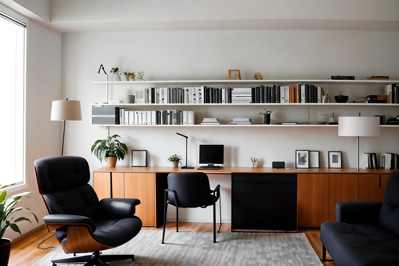 minimalist-style (study room interior) with bookshelves and plant and writing desk and office chair and lounge chair and cabinets and desk lamp and bookshelves. . with a monochromatic palette with colour used as an accent and lots of light and focus on the shape, colour and texture of just a few of essential elements and functional furniture and clean lines and an open floor plan and a monochromatic palette with colour used as an accent. . cinematic photo, highly detailed, cinematic lighting, ultra-detailed, ultrarealistic, photorealism, 8k. minimalist interior design style. masterpiece, cinematic light, ultrarealistic+, photorealistic+, 8k, raw photo, realistic, sharp focus on eyes, (symmetrical eyes), (intact eyes), hyperrealistic, highest quality, best quality, , highly detailed, masterpiece, best quality, extremely detailed 8k wallpaper, masterpiece, best quality, ultra-detailed, best shadow, detailed background, detailed face, detailed eyes, high contrast, best illumination, detailed face, dulux, caustic, dynamic angle, detailed glow. dramatic lighting. highly detailed, insanely detailed hair, symmetrical, intricate details, professionally retouched, 8k high definition. strong bokeh. award winning photo.